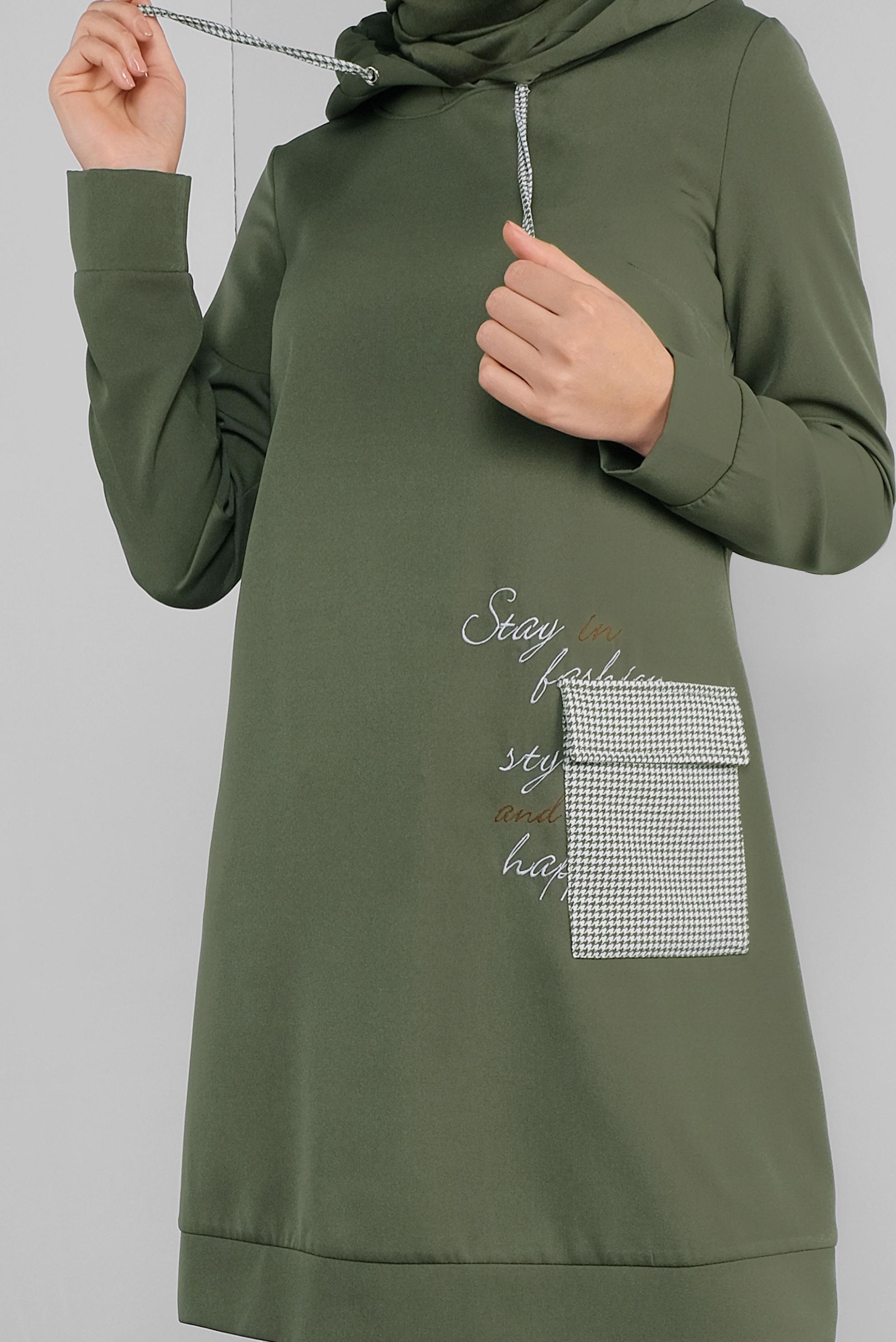 Tesettür giyim HAKİ CEPLİ KAPÜŞONLU TUNİK 41192 