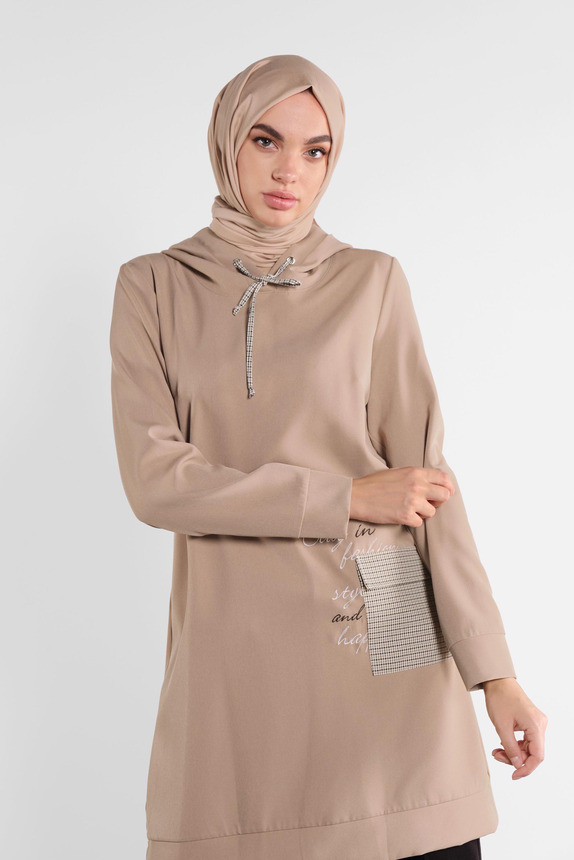 Tesettür giyim KAHVE CEPLİ KAPÜŞONLU TUNİK 41192 