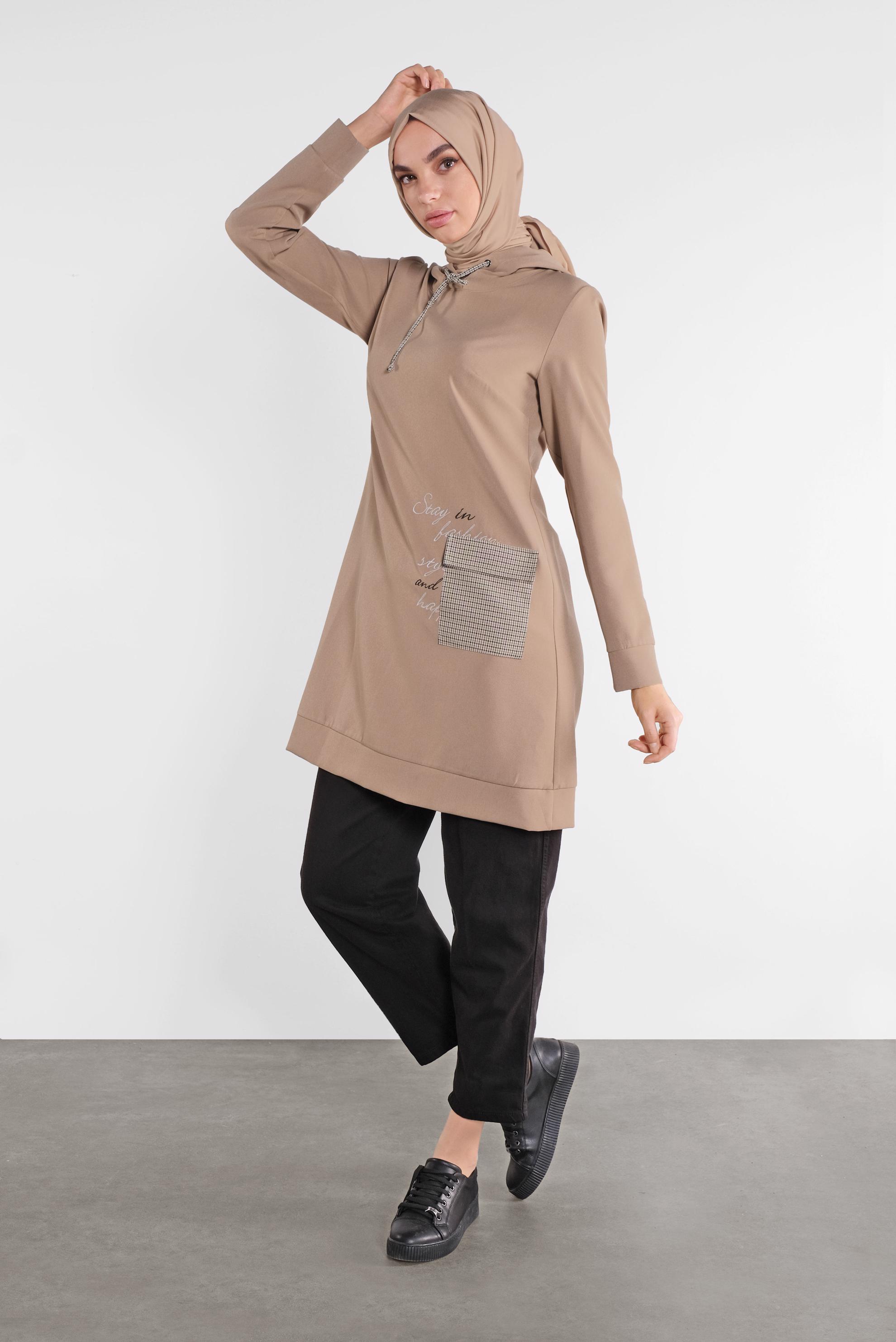 Tesettür giyim KAHVE CEPLİ KAPÜŞONLU TUNİK 41192 