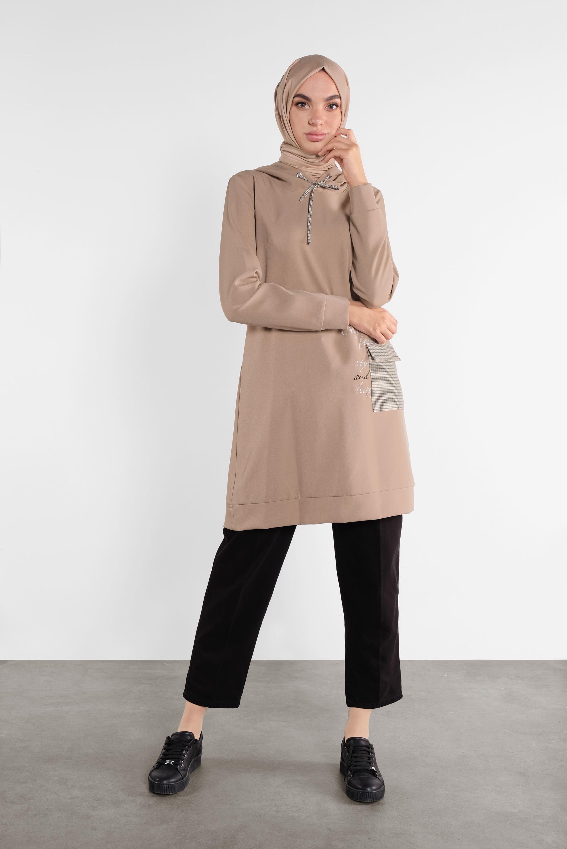 Tesettür giyim KAHVE CEPLİ KAPÜŞONLU TUNİK 41192 