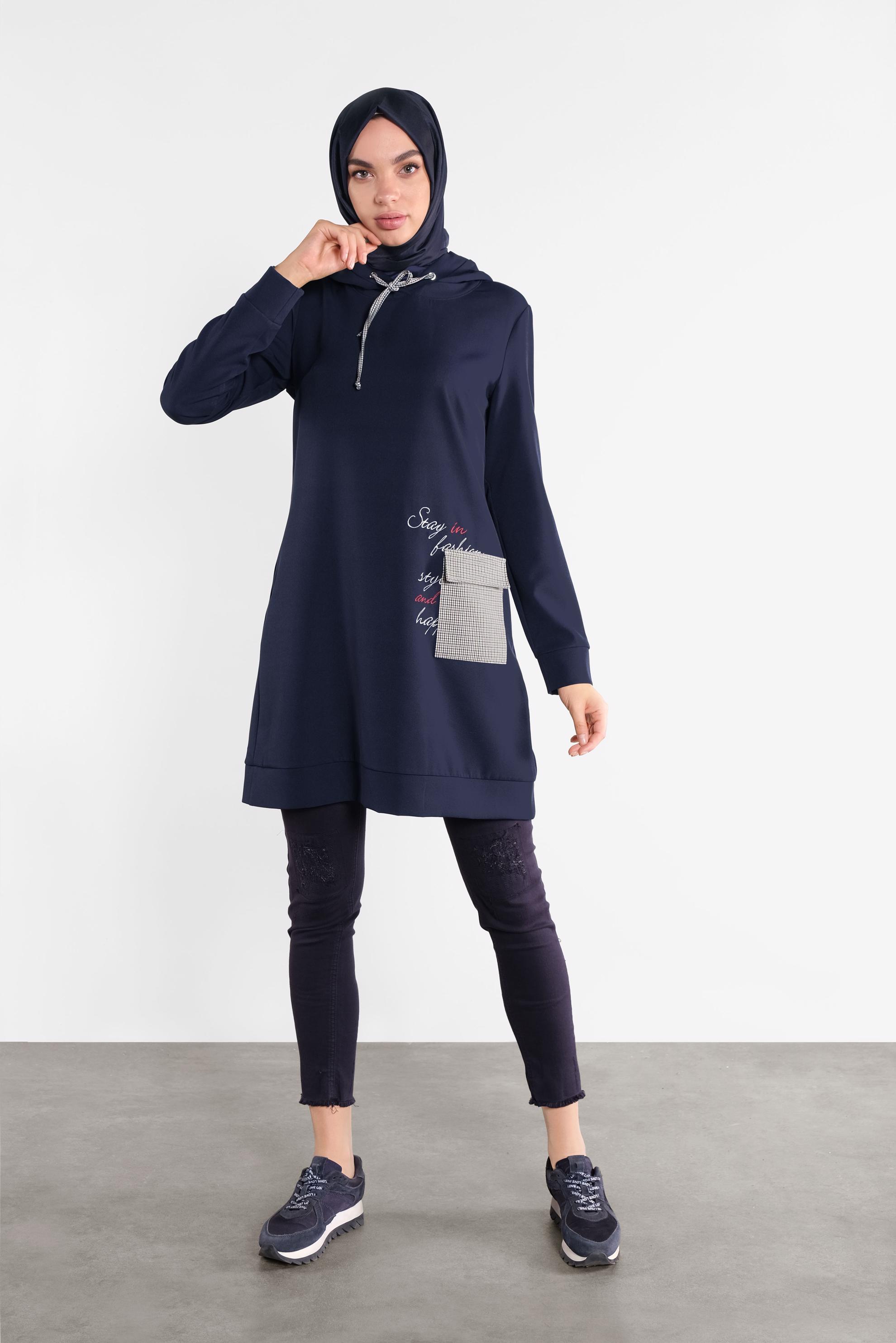 Tesettür giyim LACİVERT CEPLİ KAPÜŞONLU TUNİK 41192 