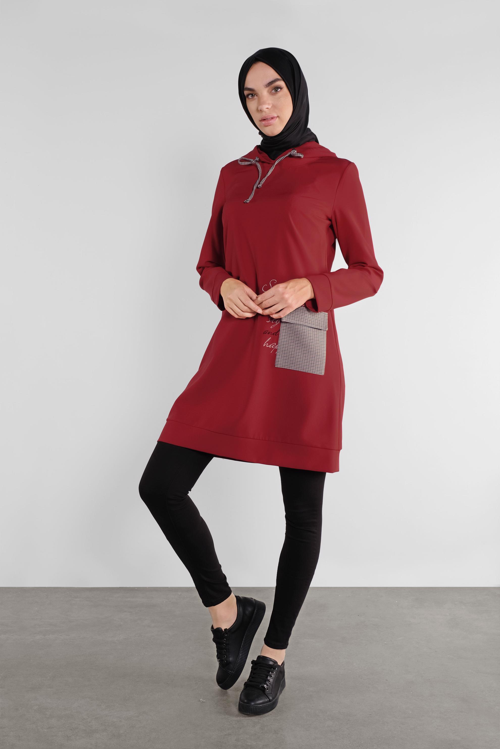 Tesettür giyim BORDO CEPLİ KAPÜŞONLU TUNİK 41192 