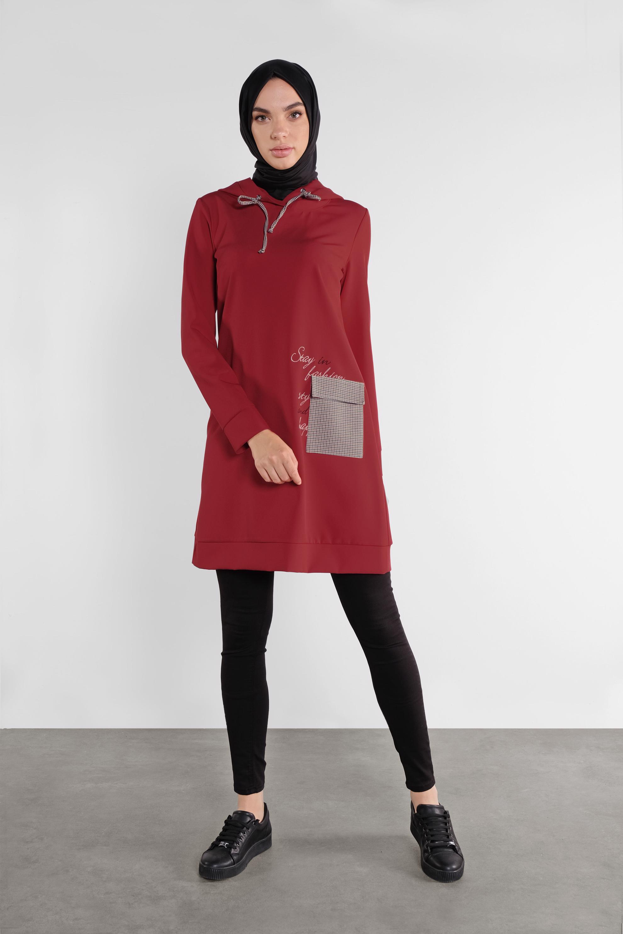 Tesettür giyim BORDO CEPLİ KAPÜŞONLU TUNİK 41192 