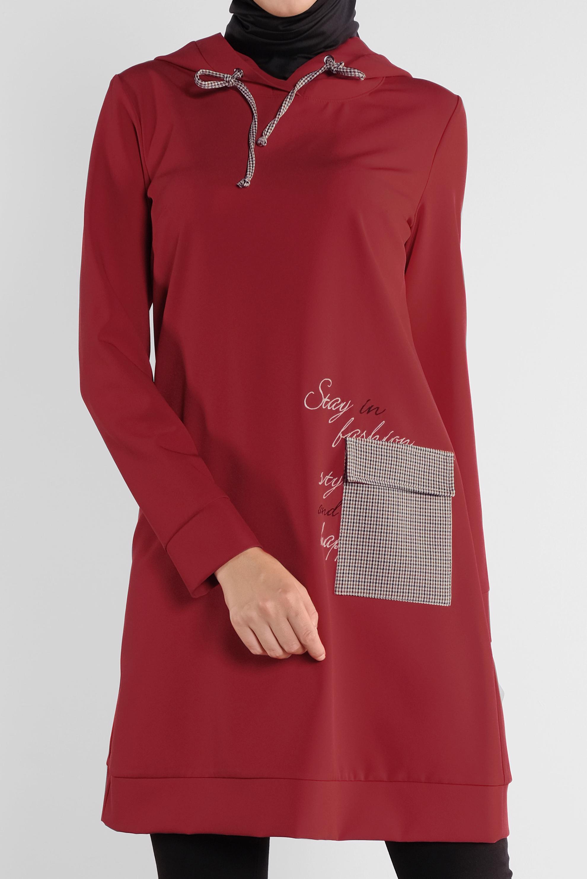 Tesettür giyim BORDO CEPLİ KAPÜŞONLU TUNİK 41192 
