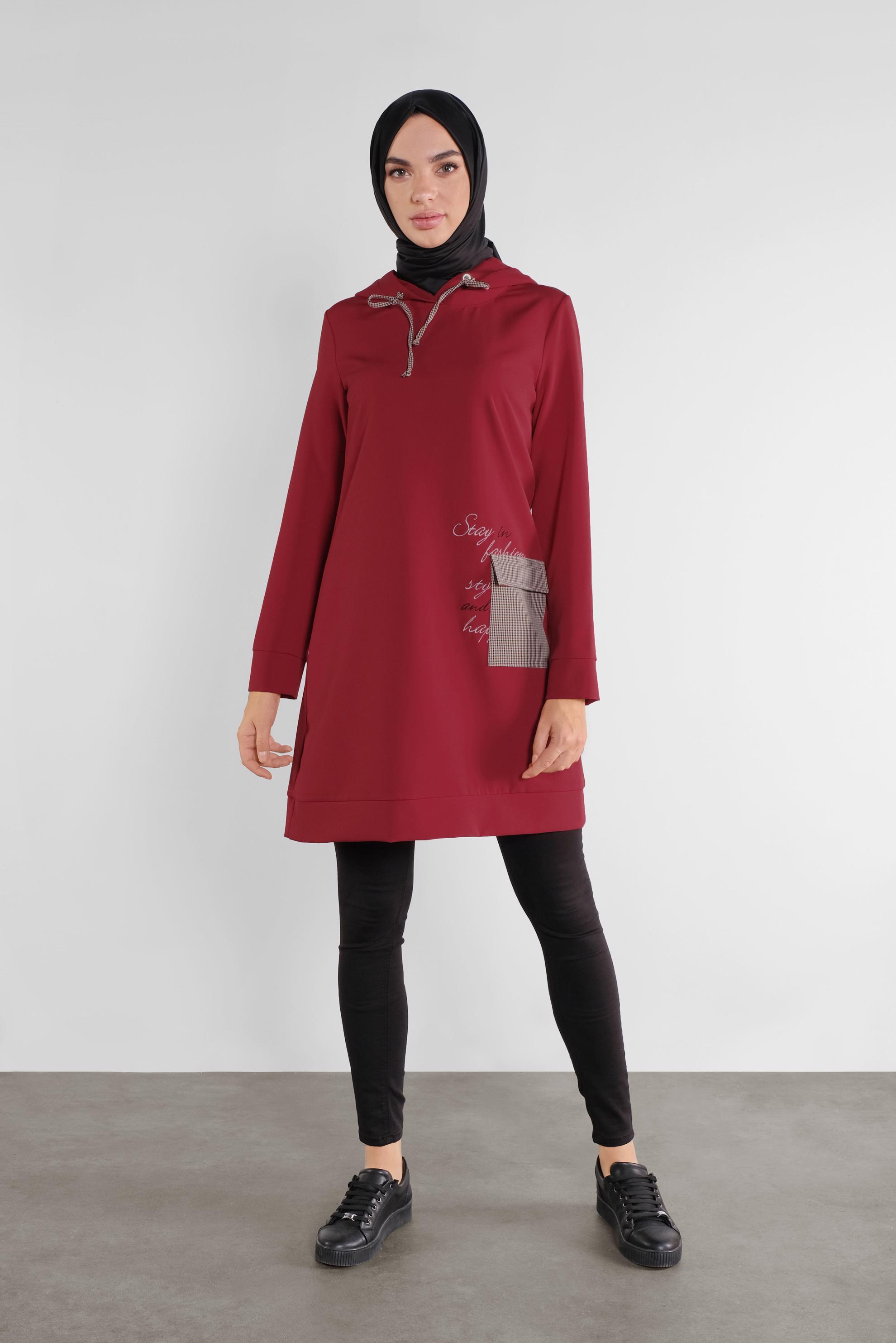 Tesettür giyim KIRMIZI CEPLİ KAPÜŞONLU TUNİK 41192 