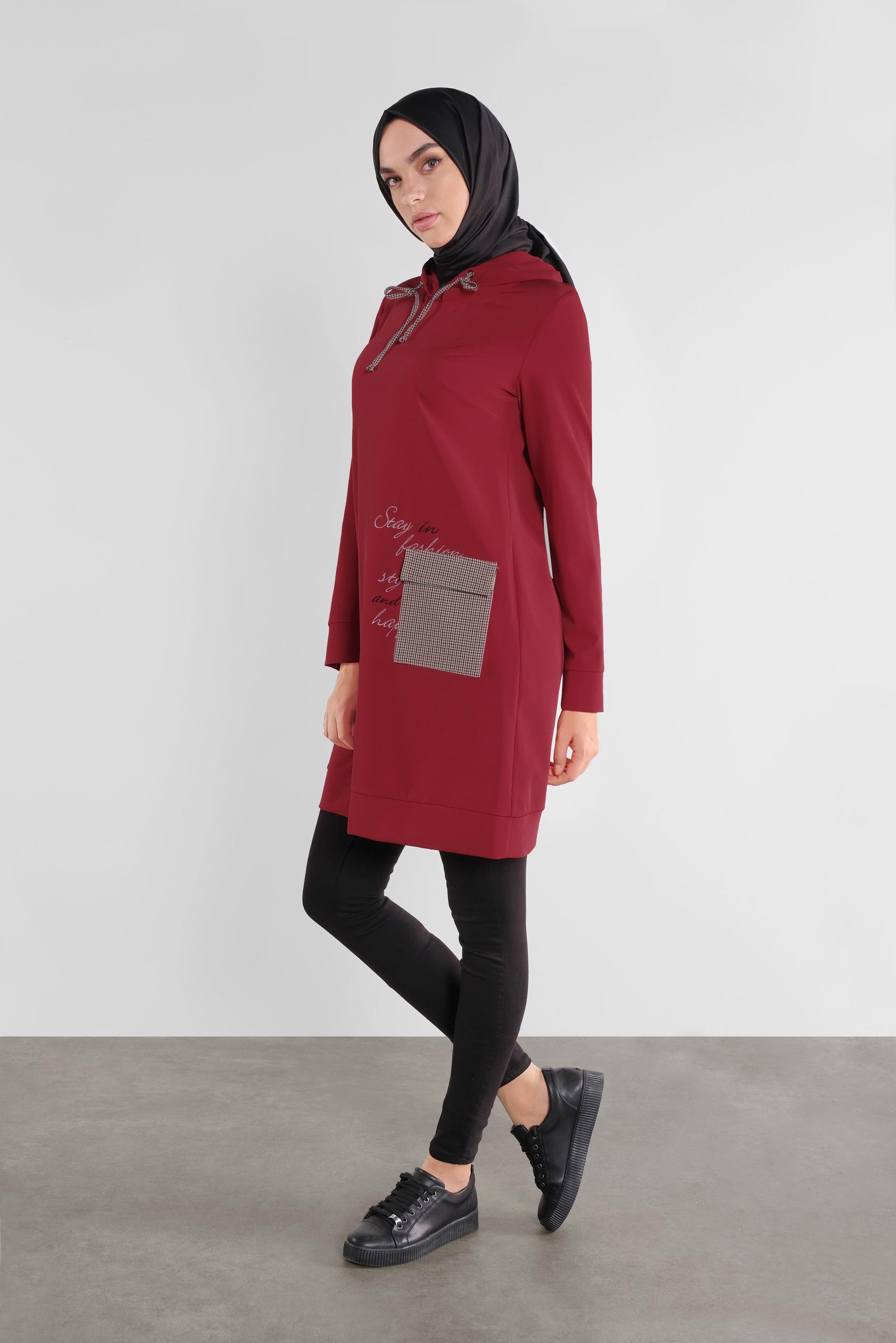 Tesettür giyim KIRMIZI CEPLİ KAPÜŞONLU TUNİK 41192 