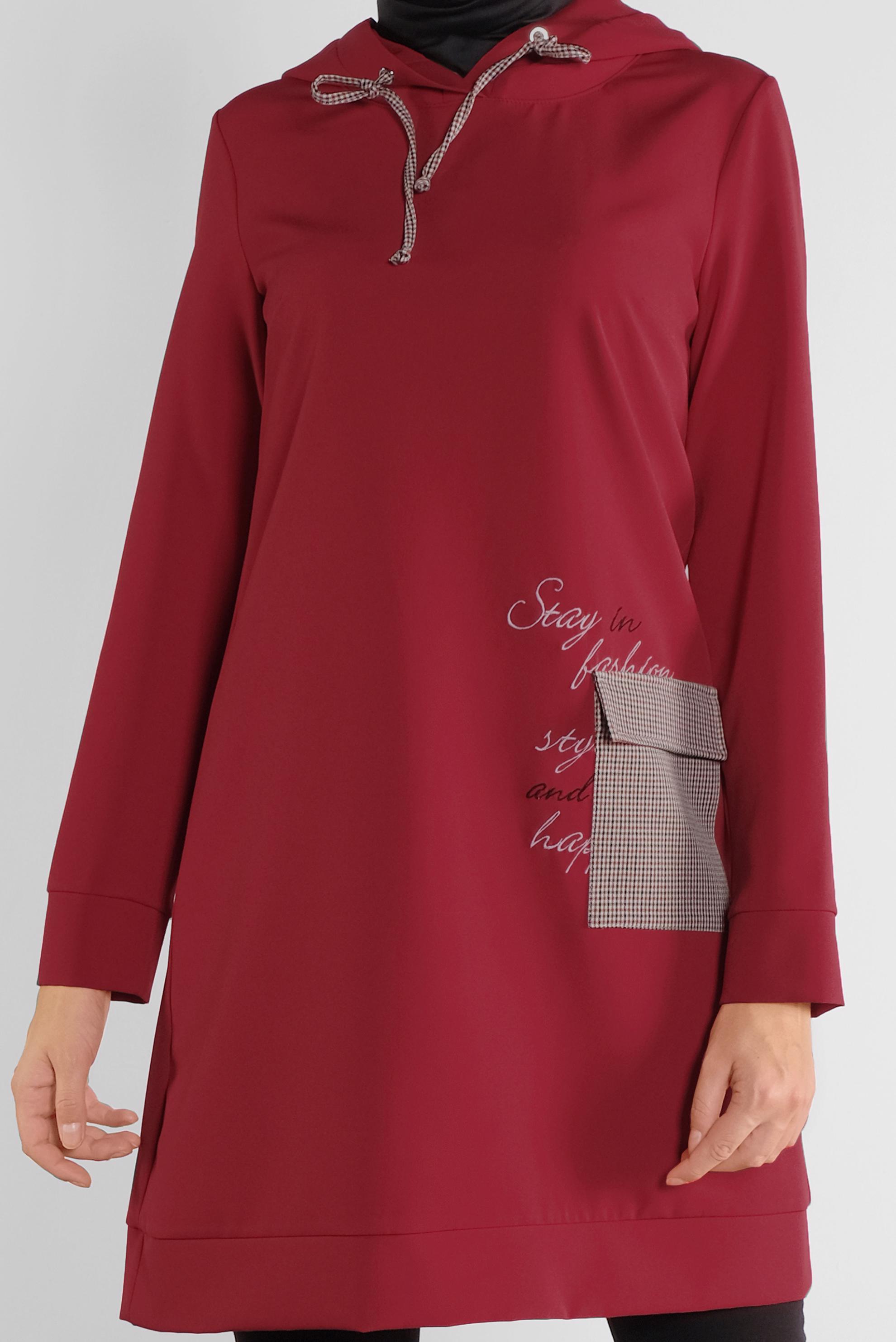 Tesettür giyim KIRMIZI CEPLİ KAPÜŞONLU TUNİK 41192 