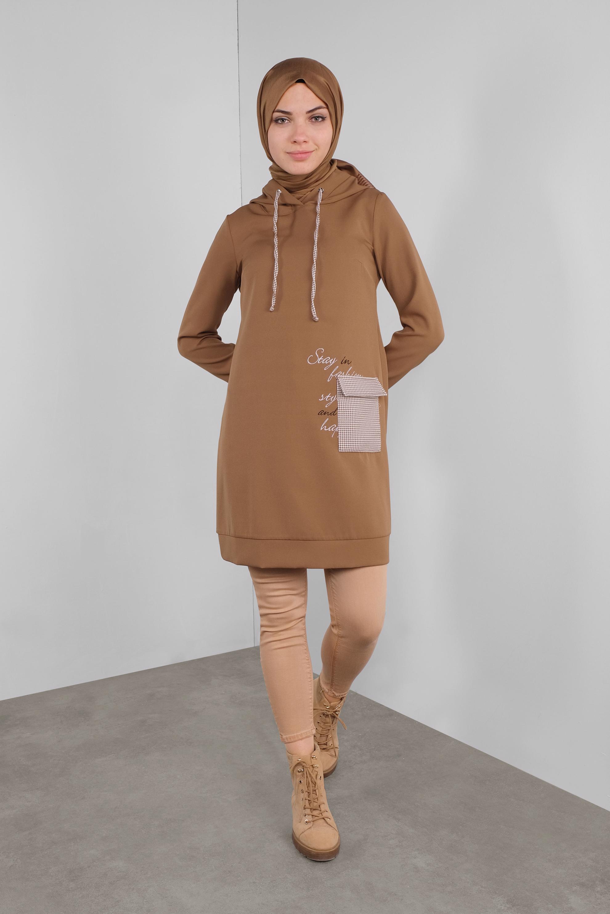 Tesettür giyim KAHVE CEPLİ KAPÜŞONLU TUNİK 41192 