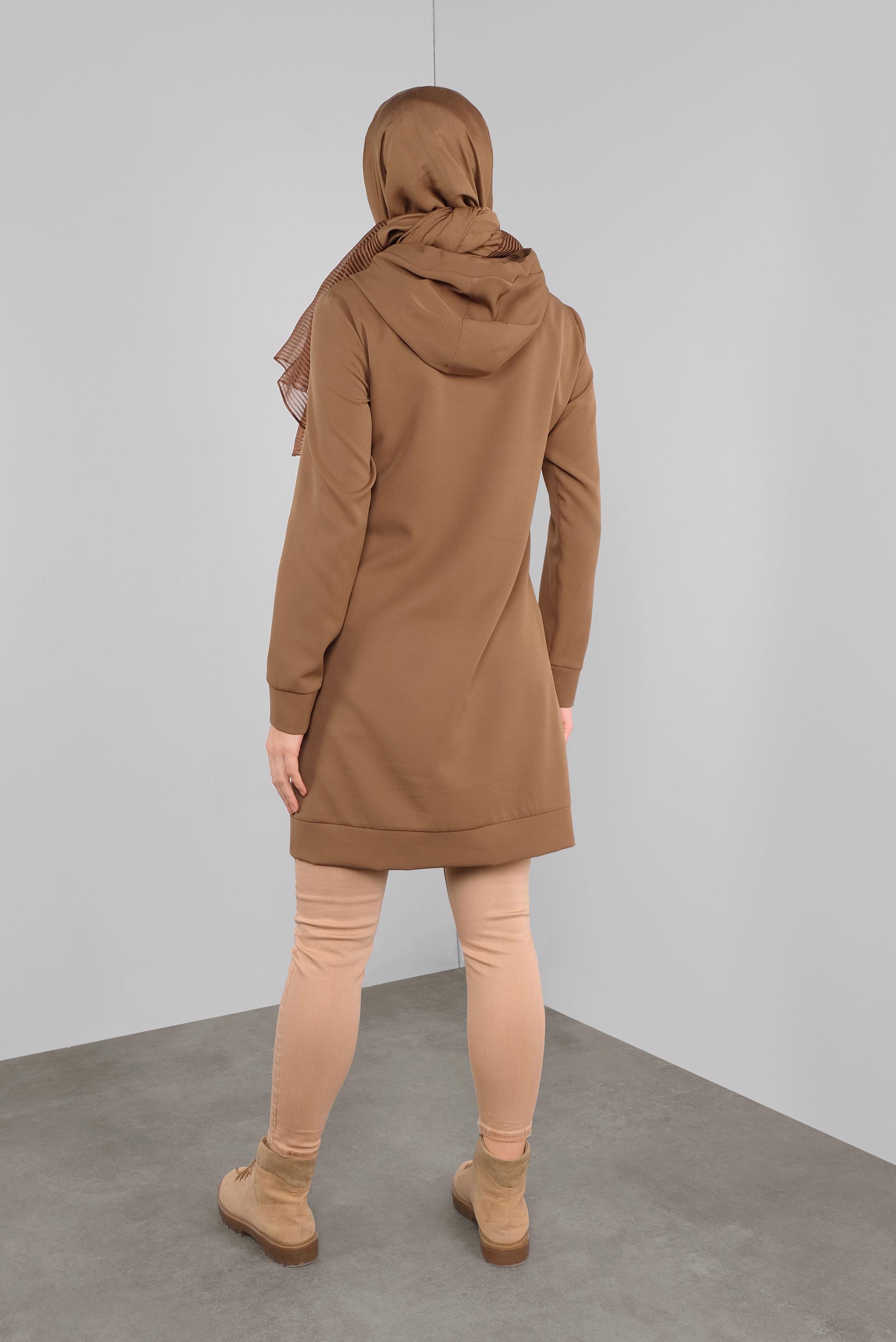 Tesettür giyim KAHVE CEPLİ KAPÜŞONLU TUNİK 41192 