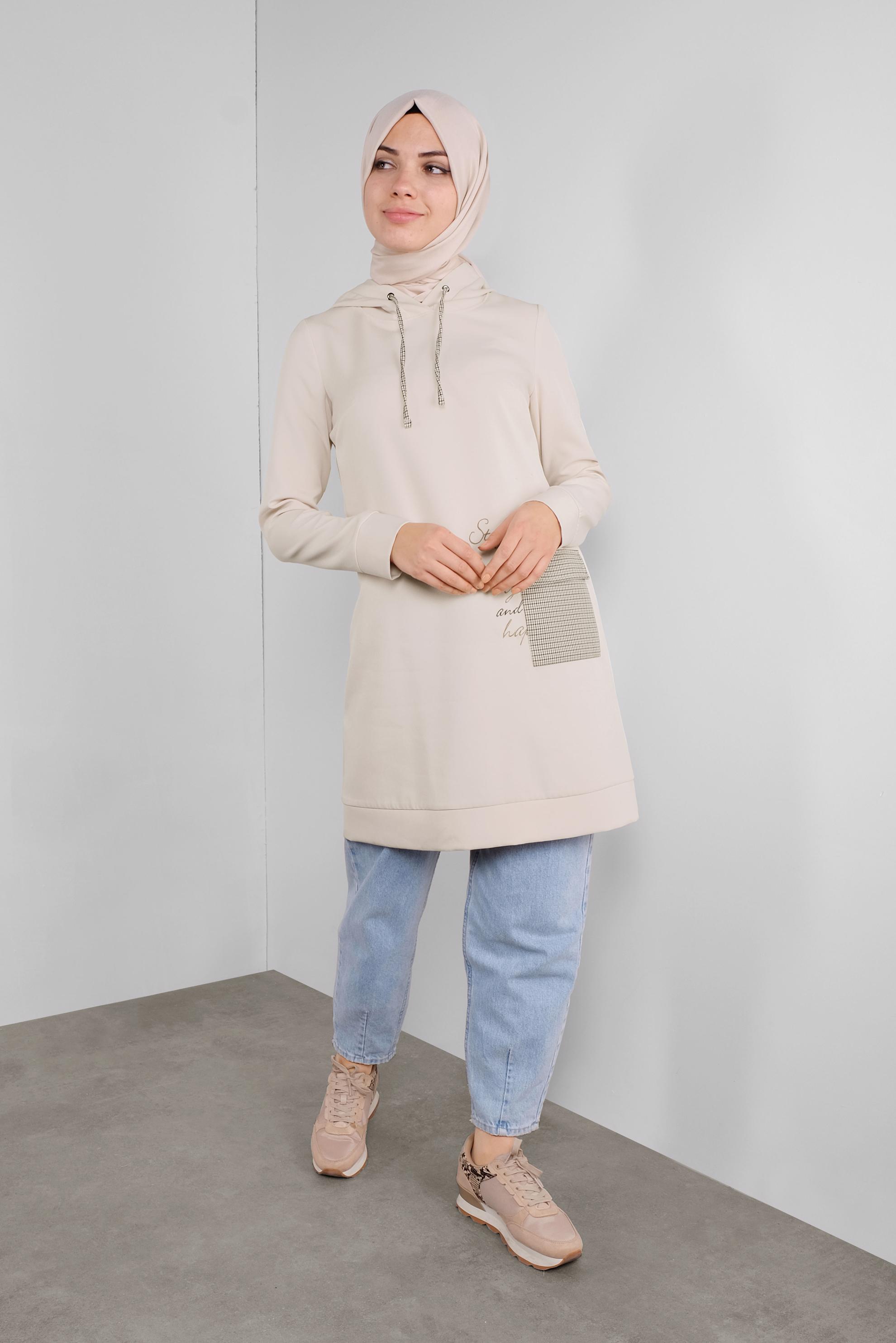 Tesettür giyim EKRU CEPLİ KAPÜŞONLU TUNİK 41192 