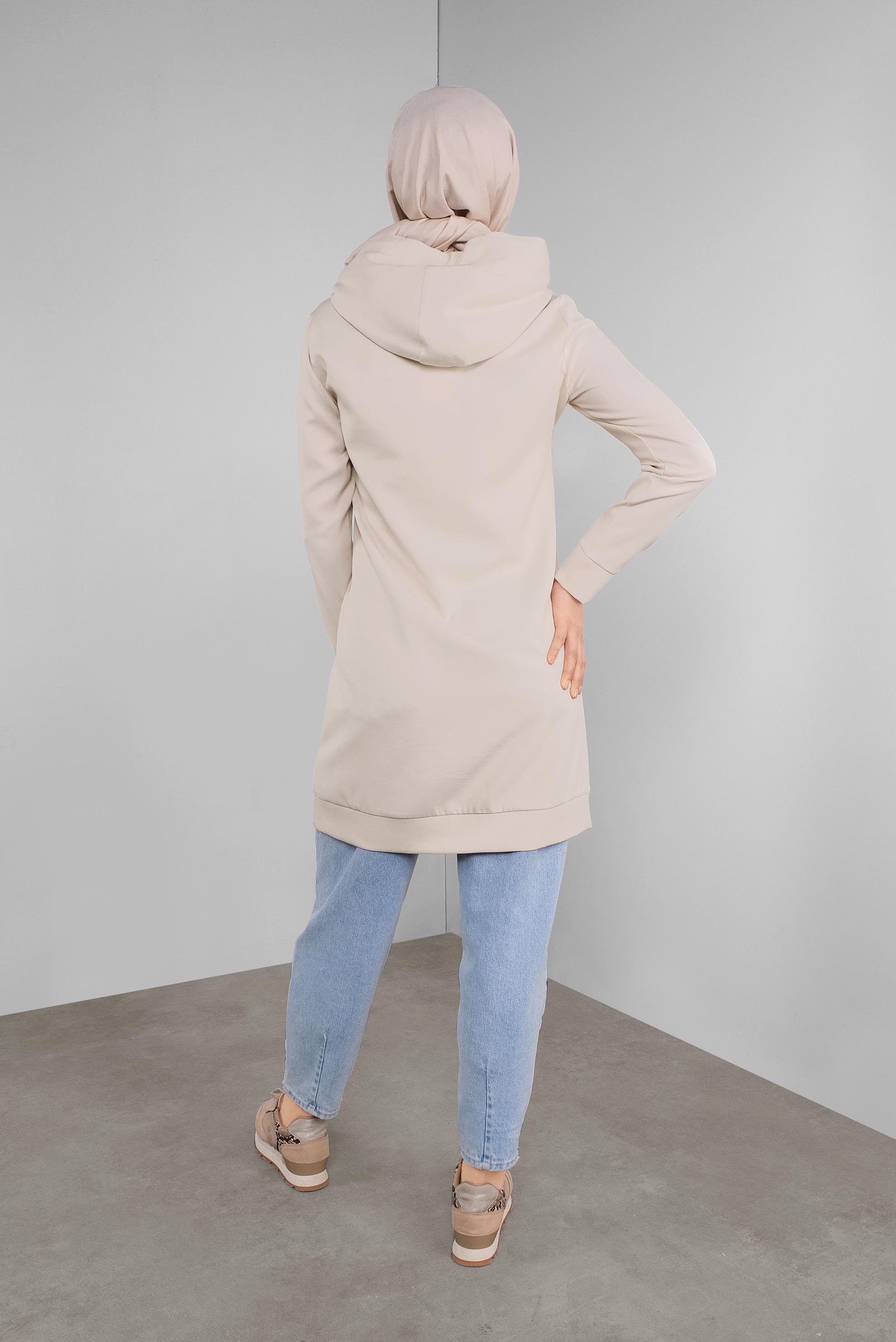 Tesettür giyim EKRU CEPLİ KAPÜŞONLU TUNİK 41192 