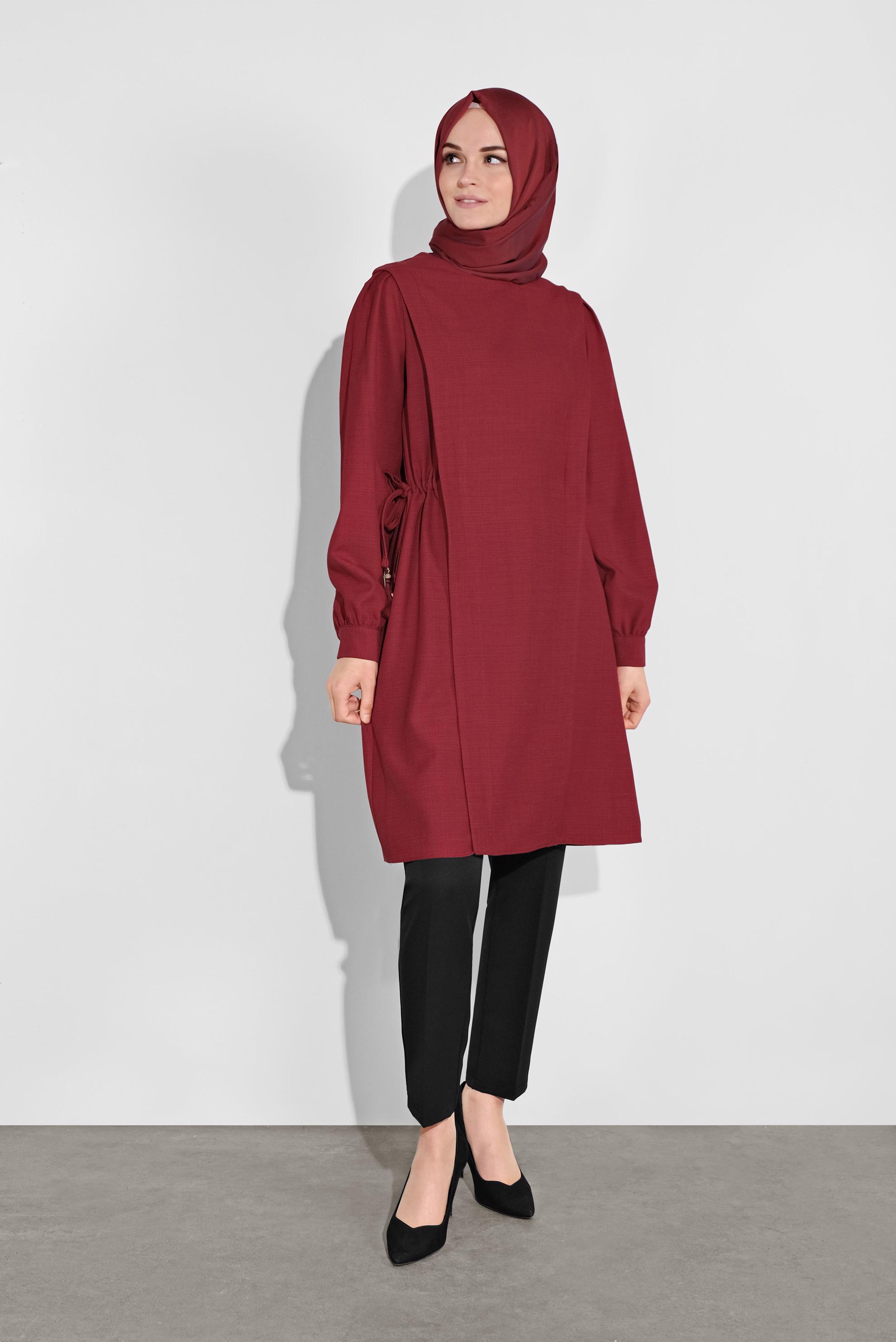 Tesettür giyim KIRMIZI BİSİKLET YAKA BÜZGÜLÜ TUNİK 41202 