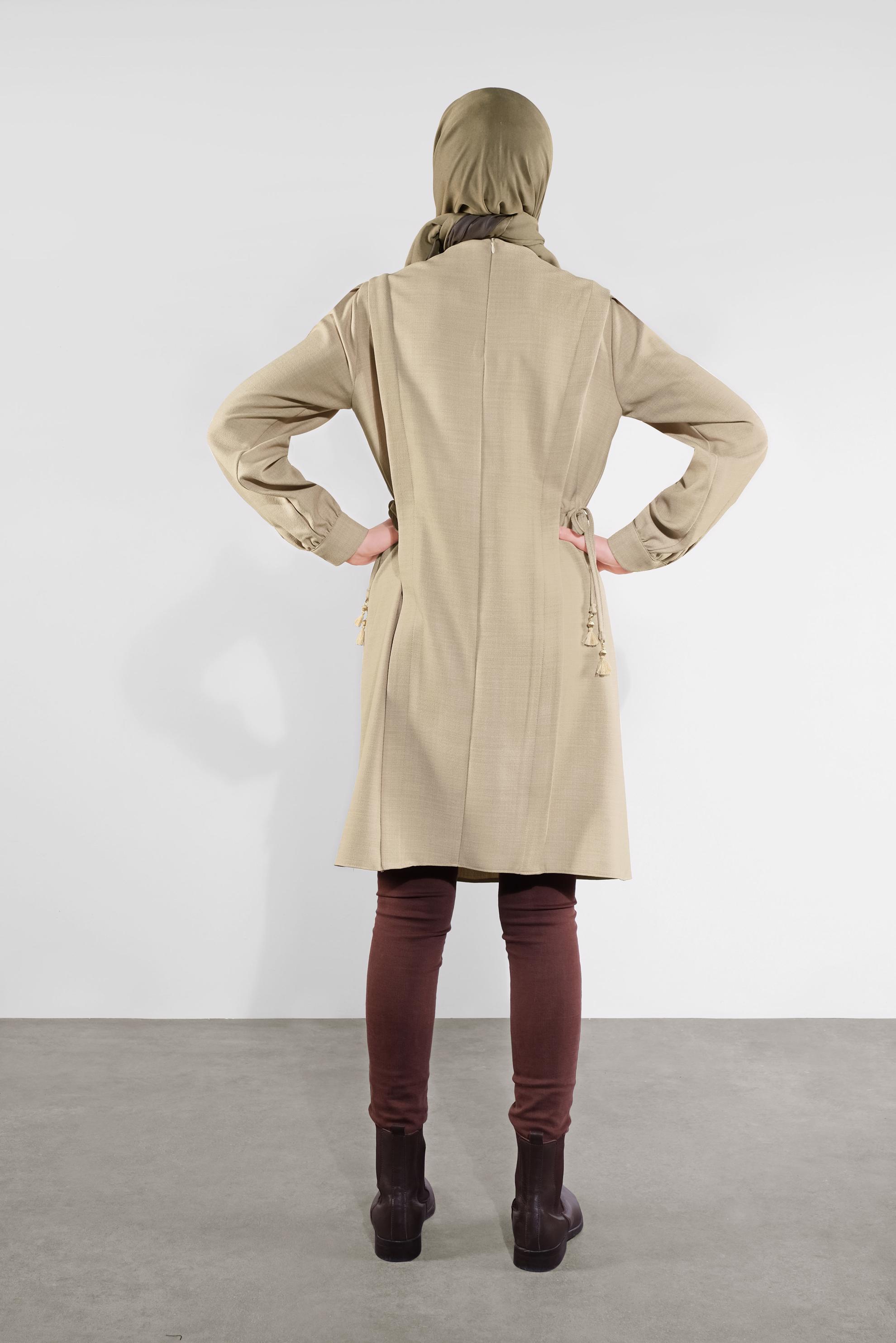 Tesettür giyim BEJ BİSİKLET YAKA BÜZGÜLÜ TUNİK 41202 