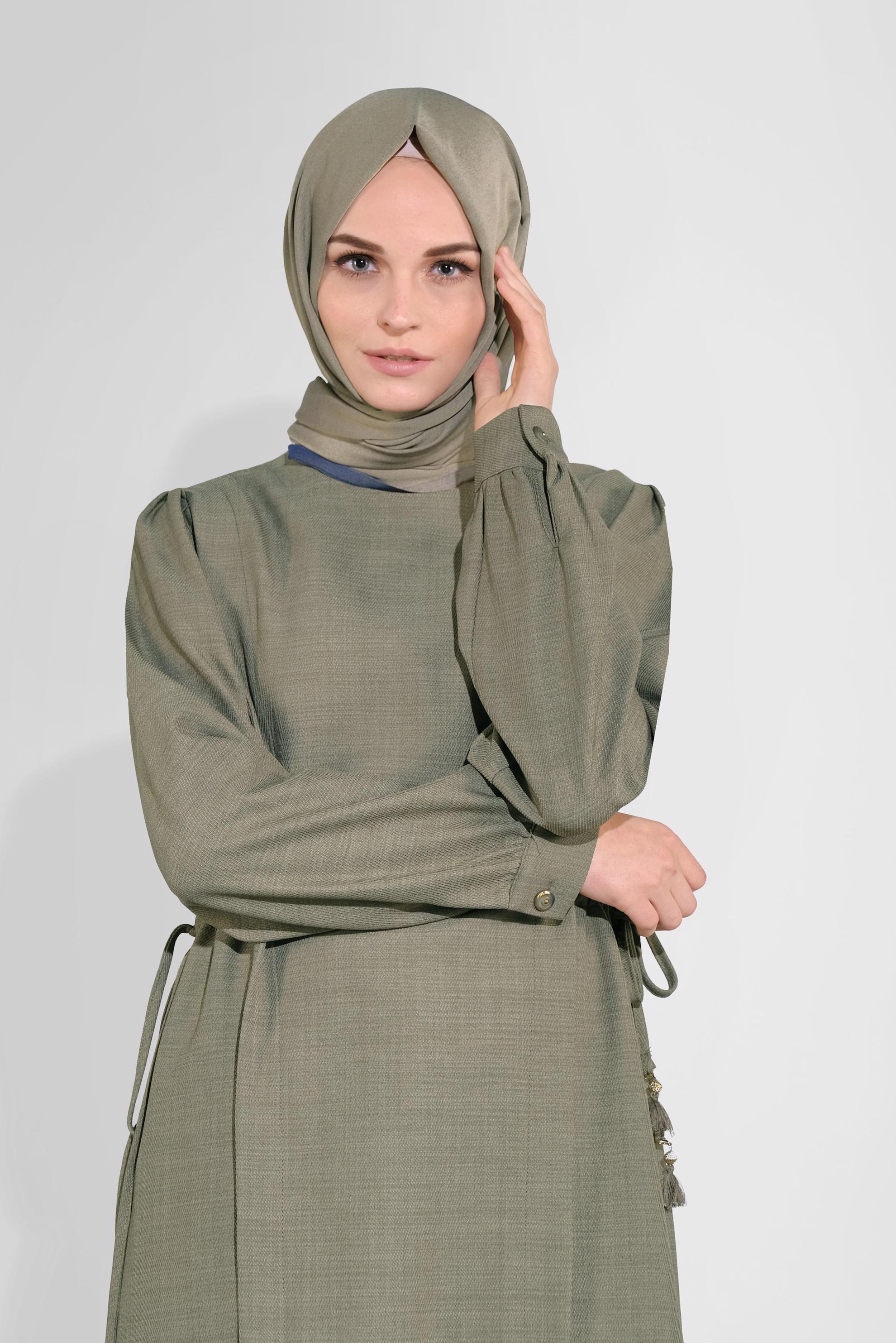 Tesettür giyim HAKİ BİSİKLET YAKA BÜZGÜLÜ TUNİK 41202 