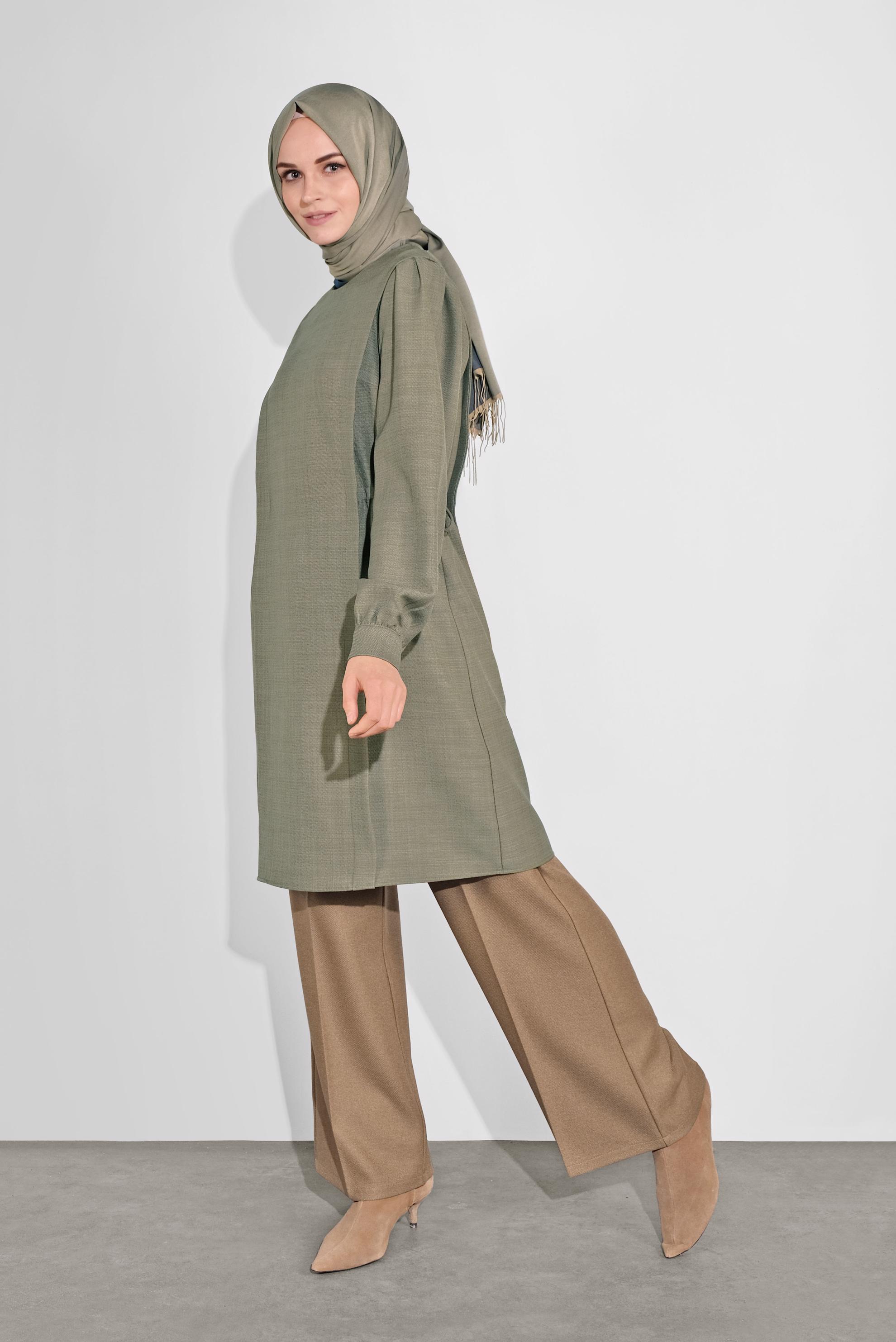 Tesettür giyim HAKİ BİSİKLET YAKA BÜZGÜLÜ TUNİK 41202 