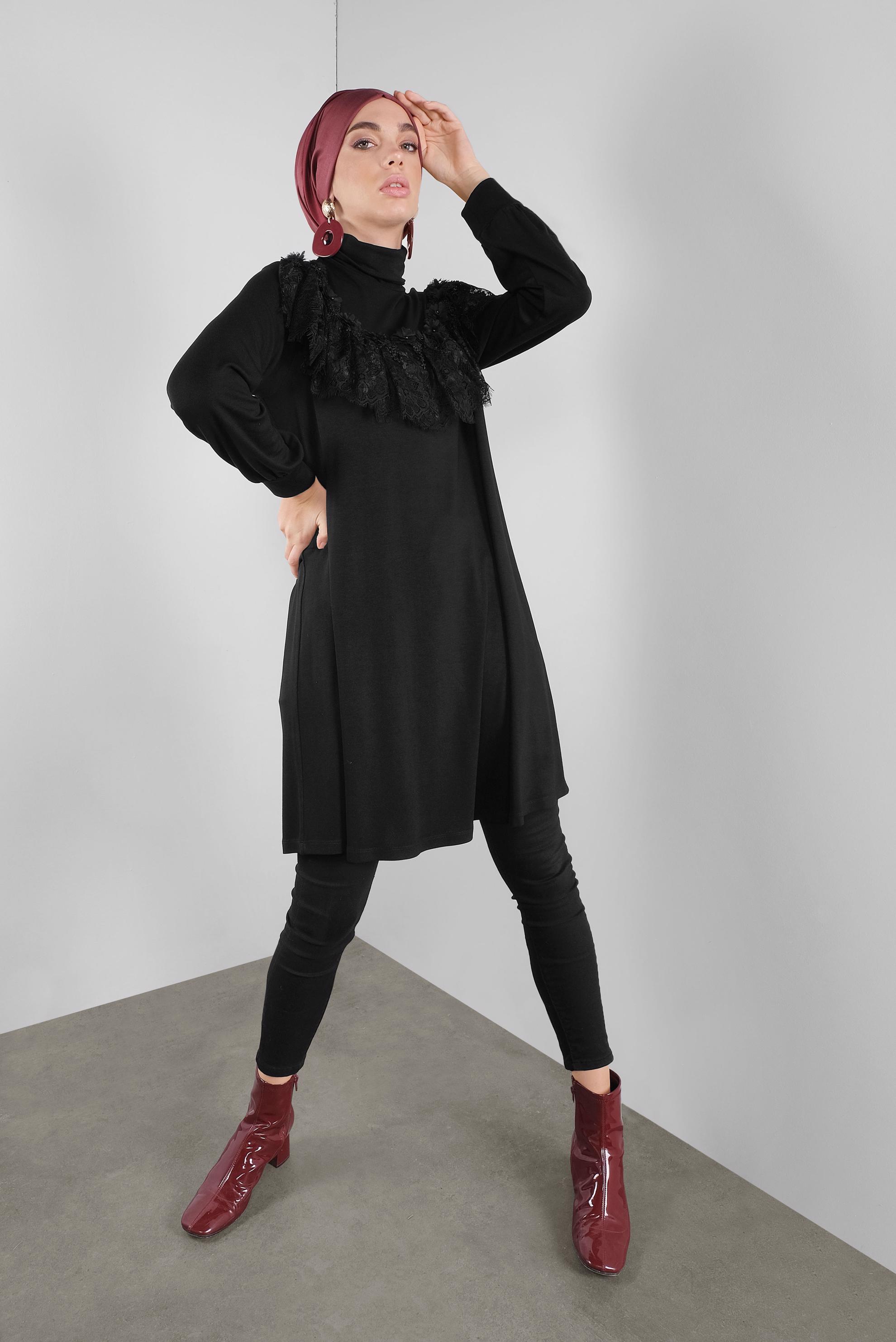 Tesettür giyim SİYAH FIRFIRLI DANTELLİ TUNİK 41213