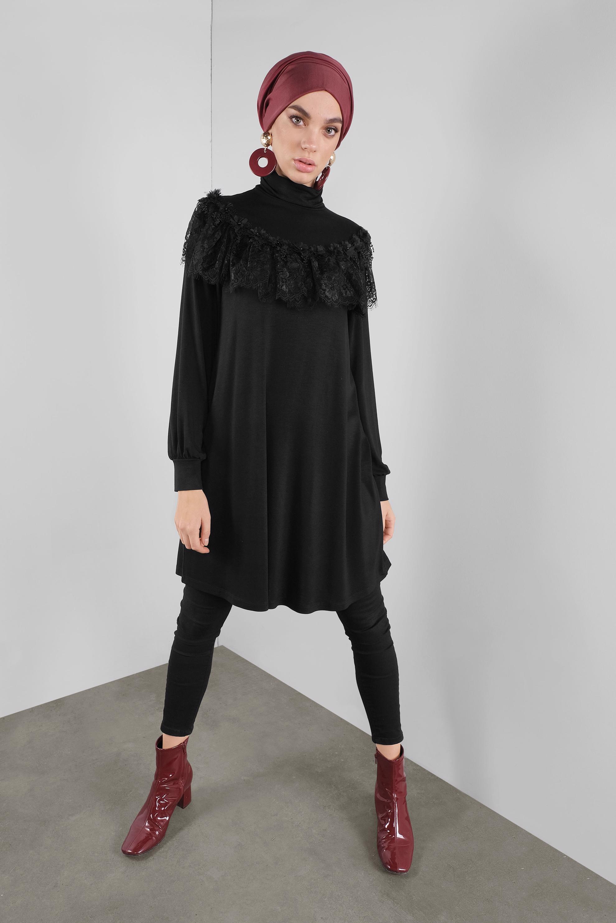 Tesettür giyim SİYAH FIRFIRLI DANTELLİ TUNİK 41213