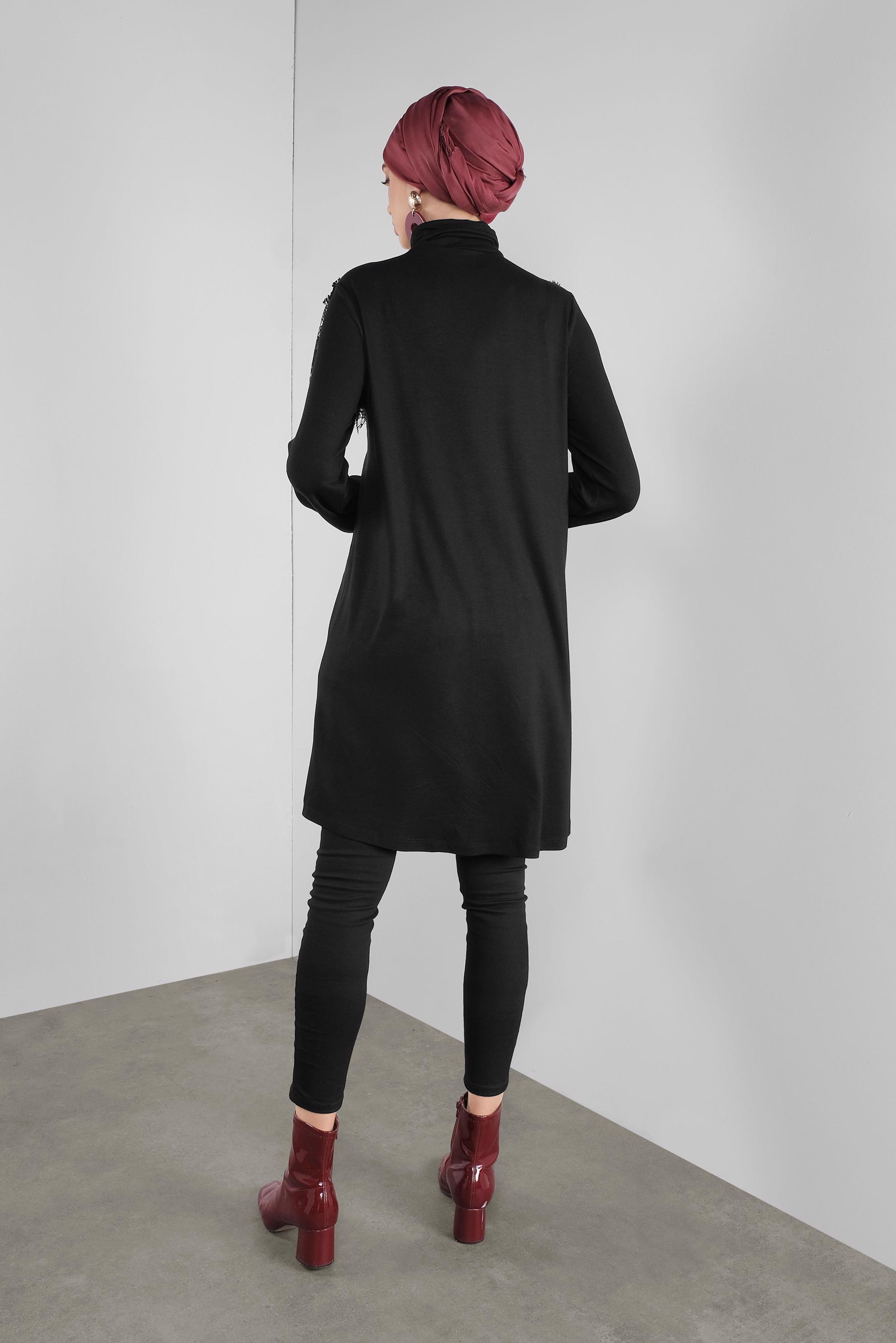 Tesettür giyim SİYAH FIRFIRLI DANTELLİ TUNİK 41213