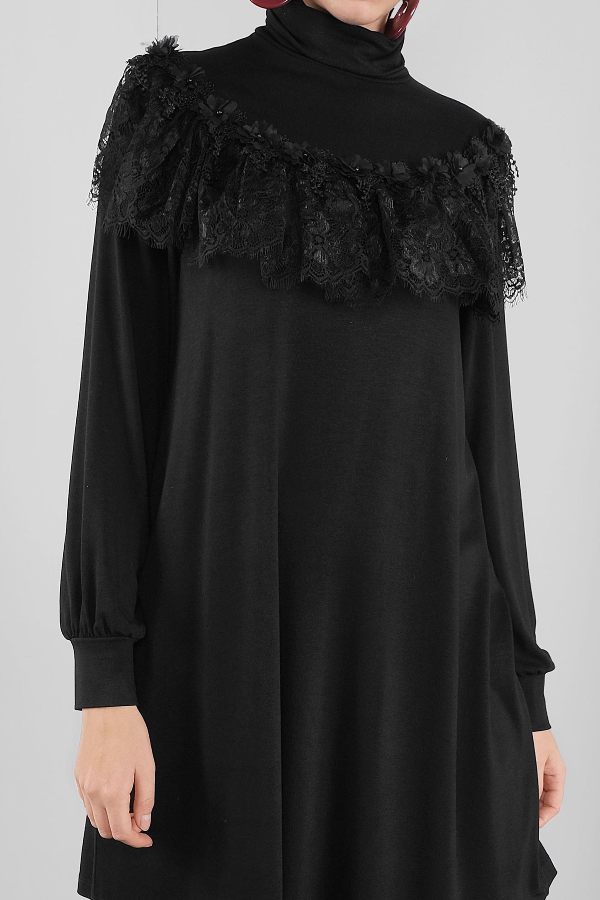 Tesettür giyim SİYAH FIRFIRLI DANTELLİ TUNİK 41213