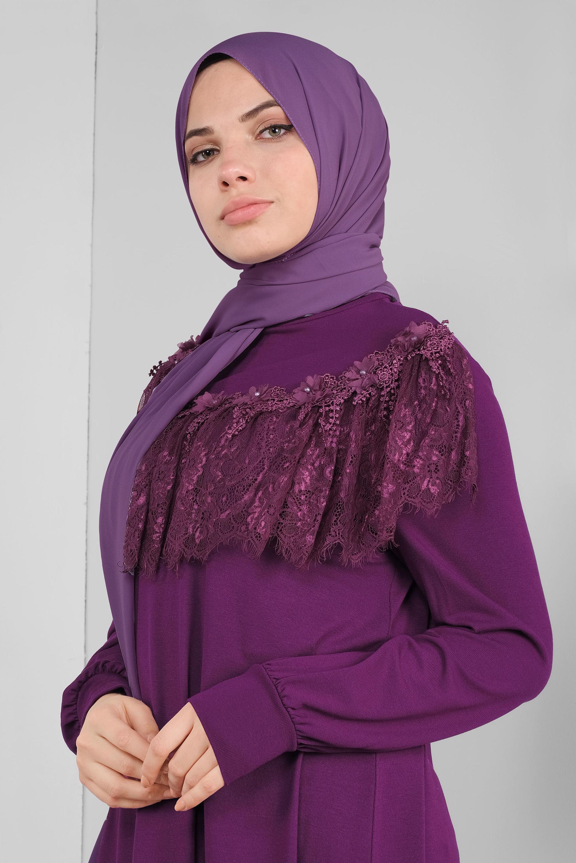 Tesettür giyim MOR FIRFIRLI DANTELLİ TUNİK 41213