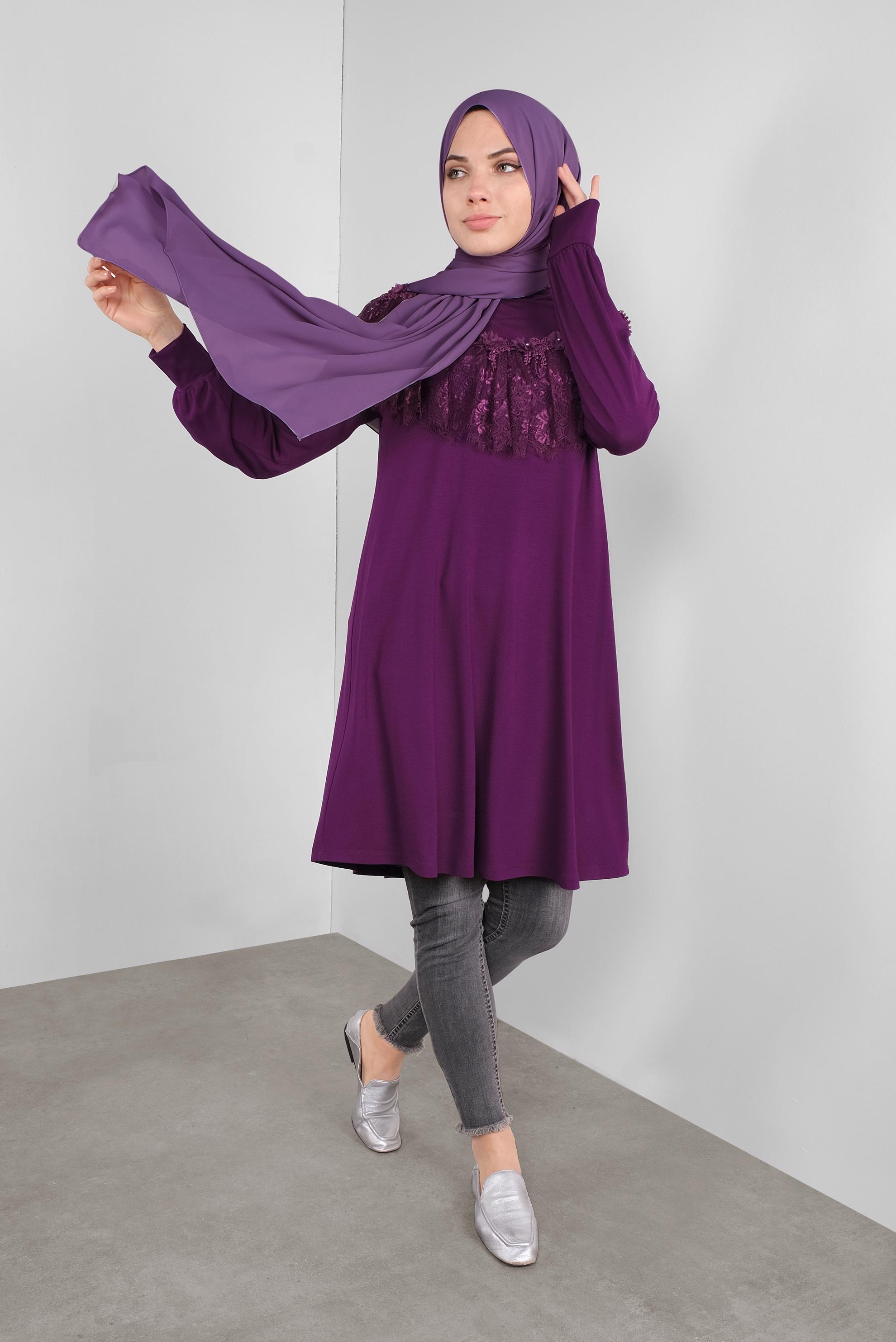 Tesettür giyim MOR FIRFIRLI DANTELLİ TUNİK 41213