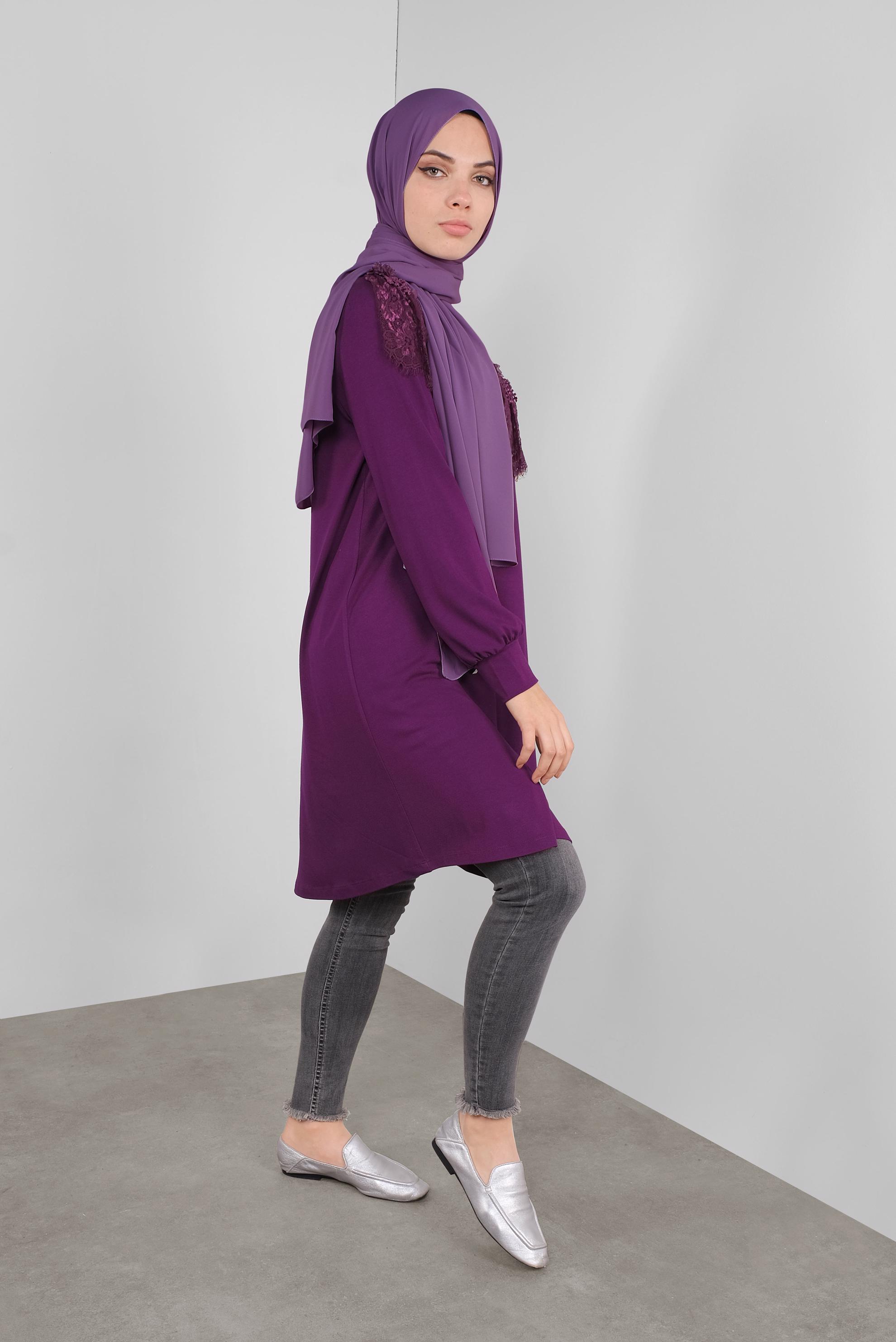 Tesettür giyim MOR FIRFIRLI DANTELLİ TUNİK 41213