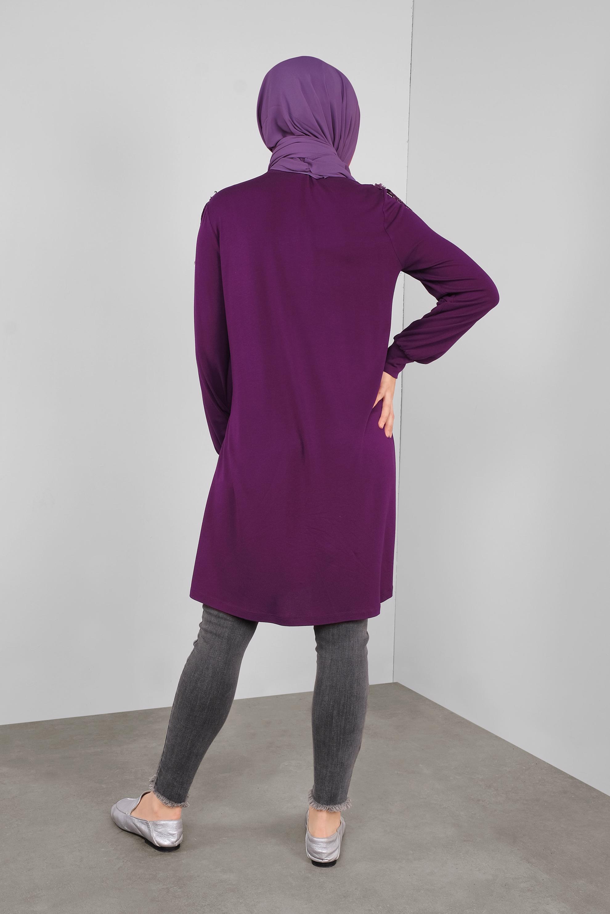 Tesettür giyim MOR FIRFIRLI DANTELLİ TUNİK 41213