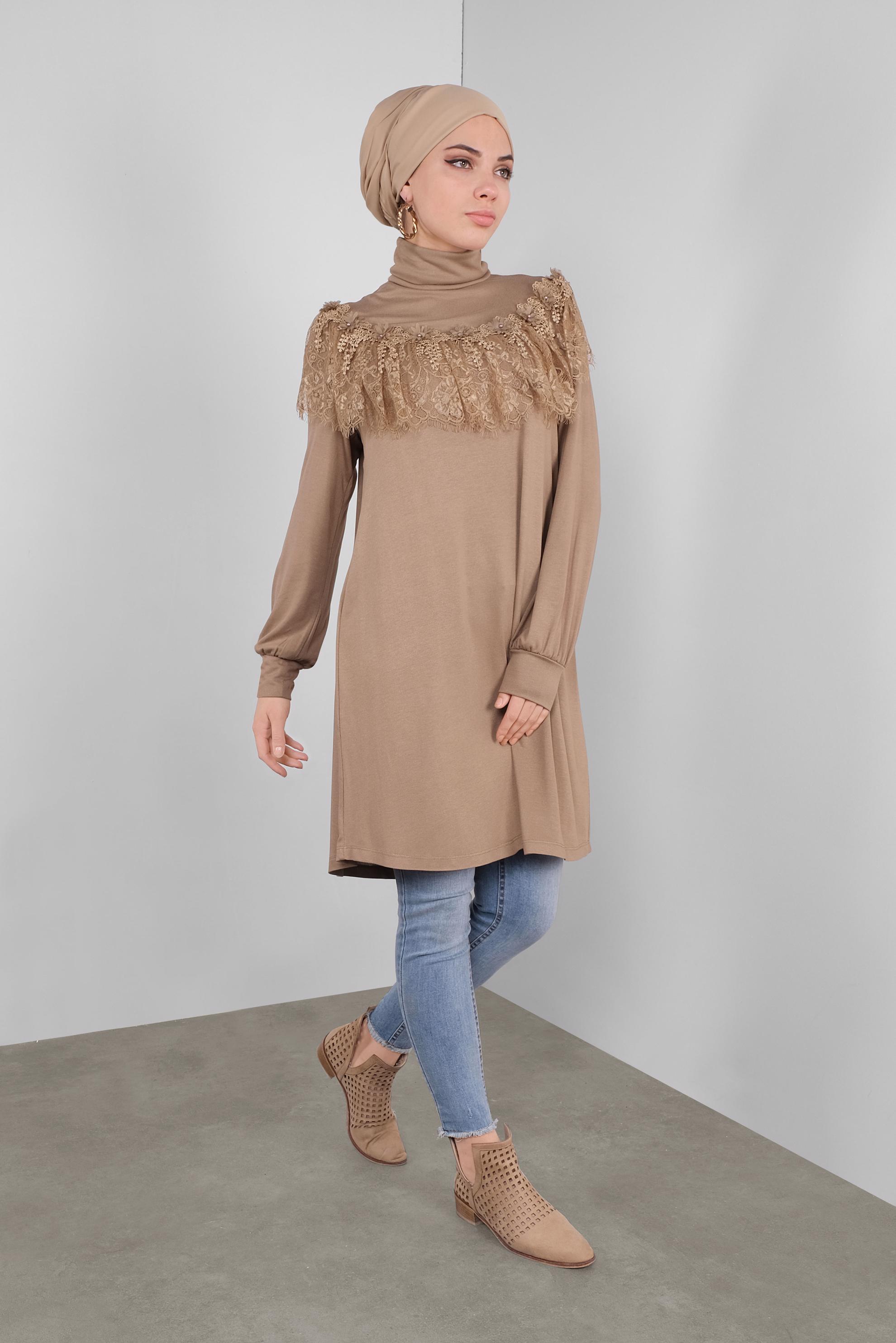 Tesettür giyim KAHVE FIRFIRLI DANTELLİ TUNİK 41213