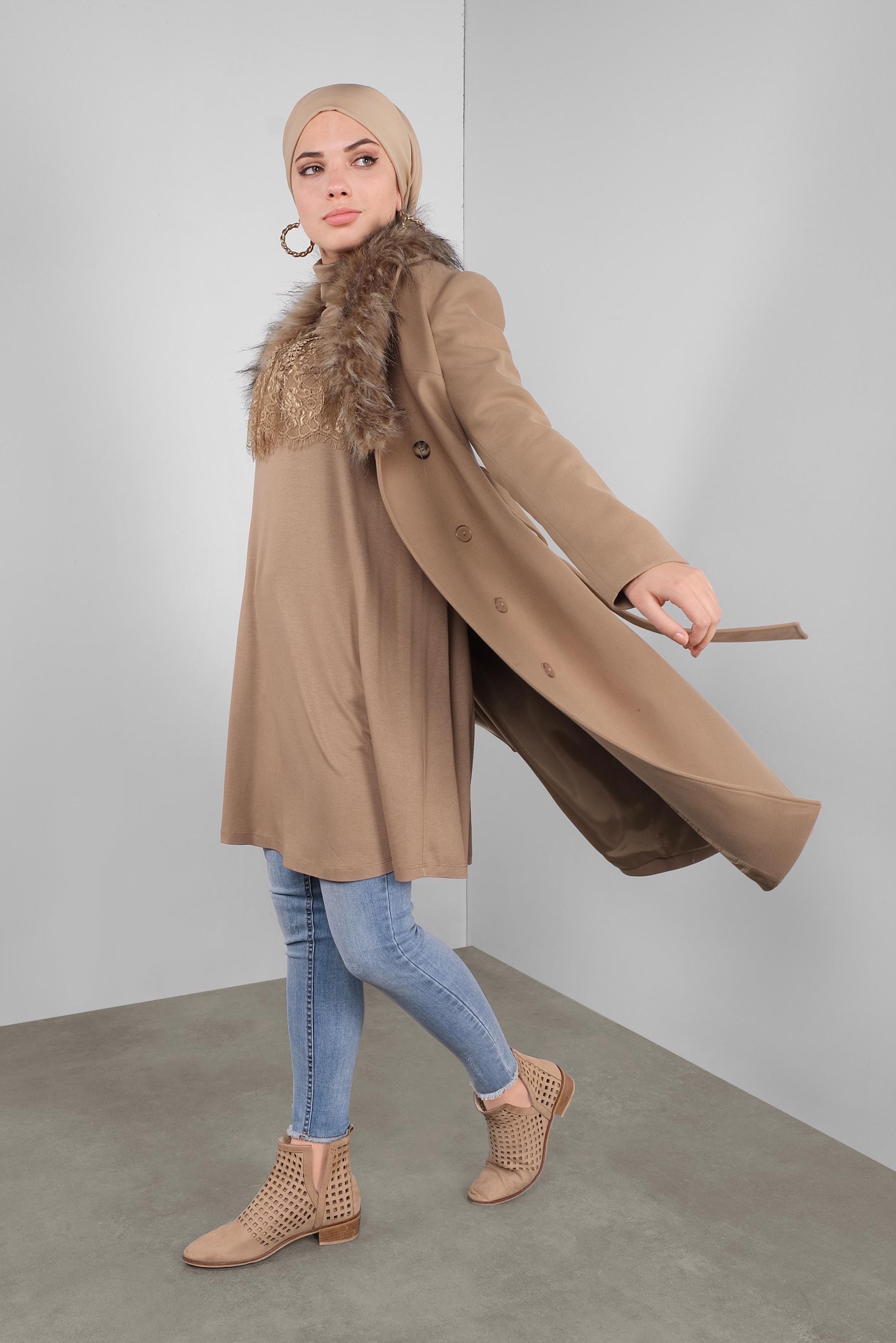 Tesettür giyim KAHVE FIRFIRLI DANTELLİ TUNİK 41213