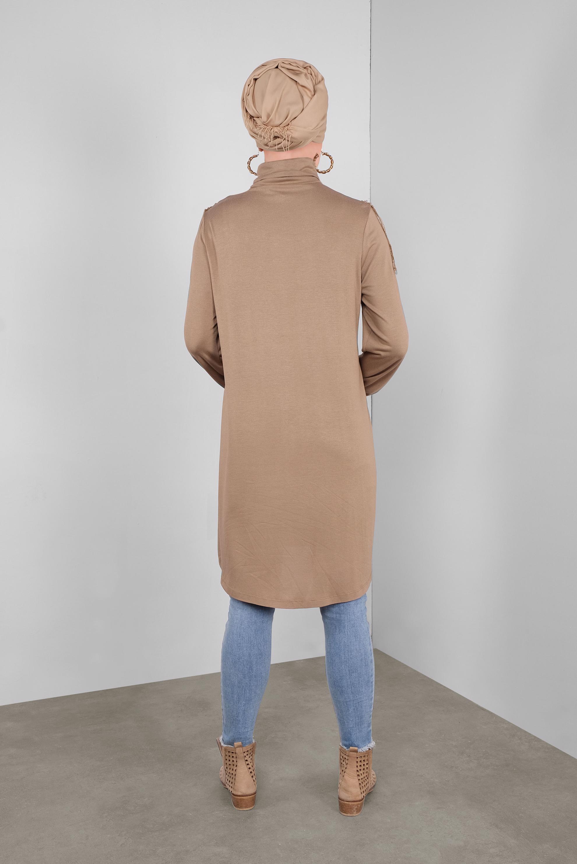 Tesettür giyim KAHVE FIRFIRLI DANTELLİ TUNİK 41213