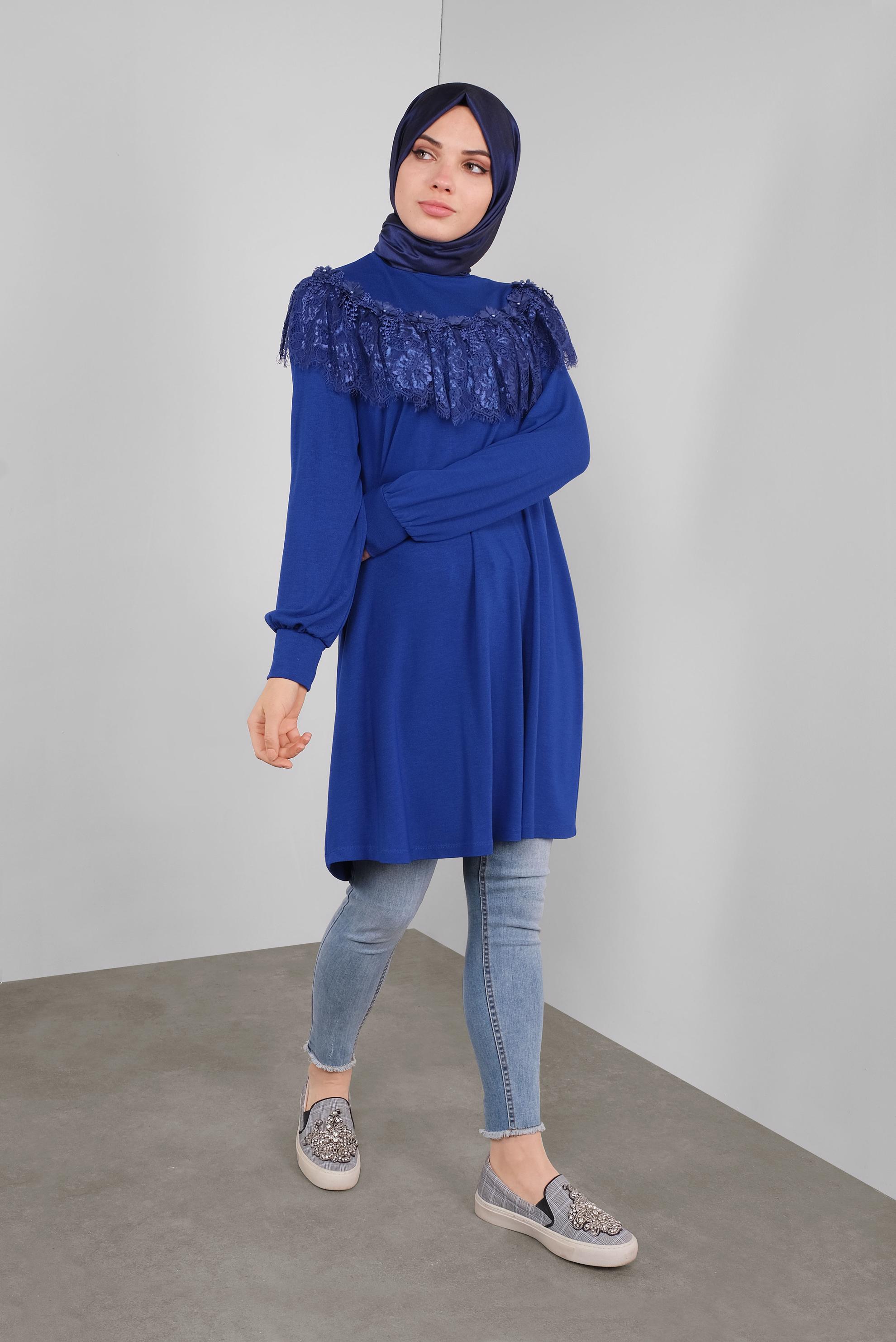 Tesettür giyim LACİVERT FIRFIRLI DANTELLİ TUNİK 41213