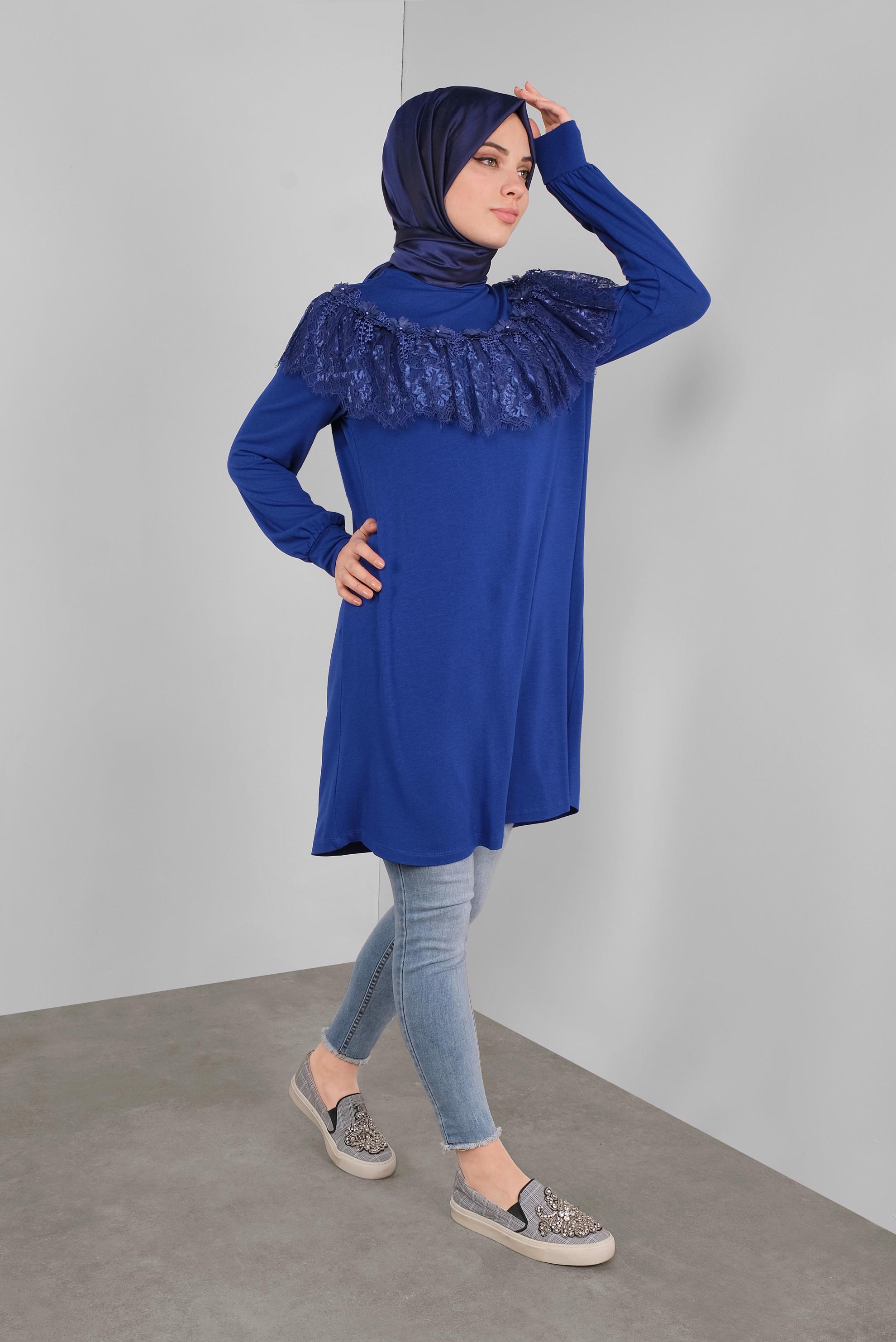 Tesettür giyim LACİVERT FIRFIRLI DANTELLİ TUNİK 41213