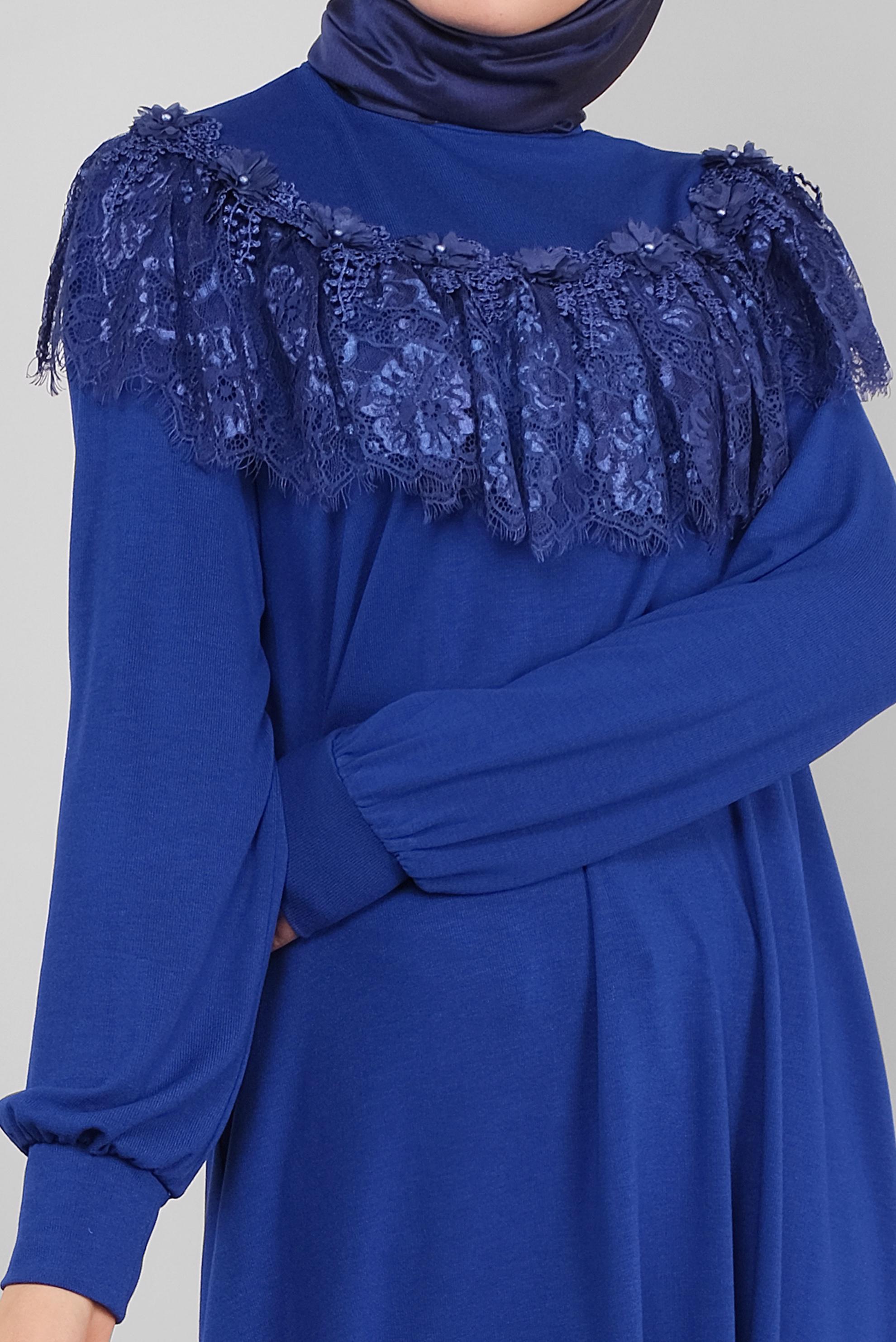 Tesettür giyim LACİVERT FIRFIRLI DANTELLİ TUNİK 41213