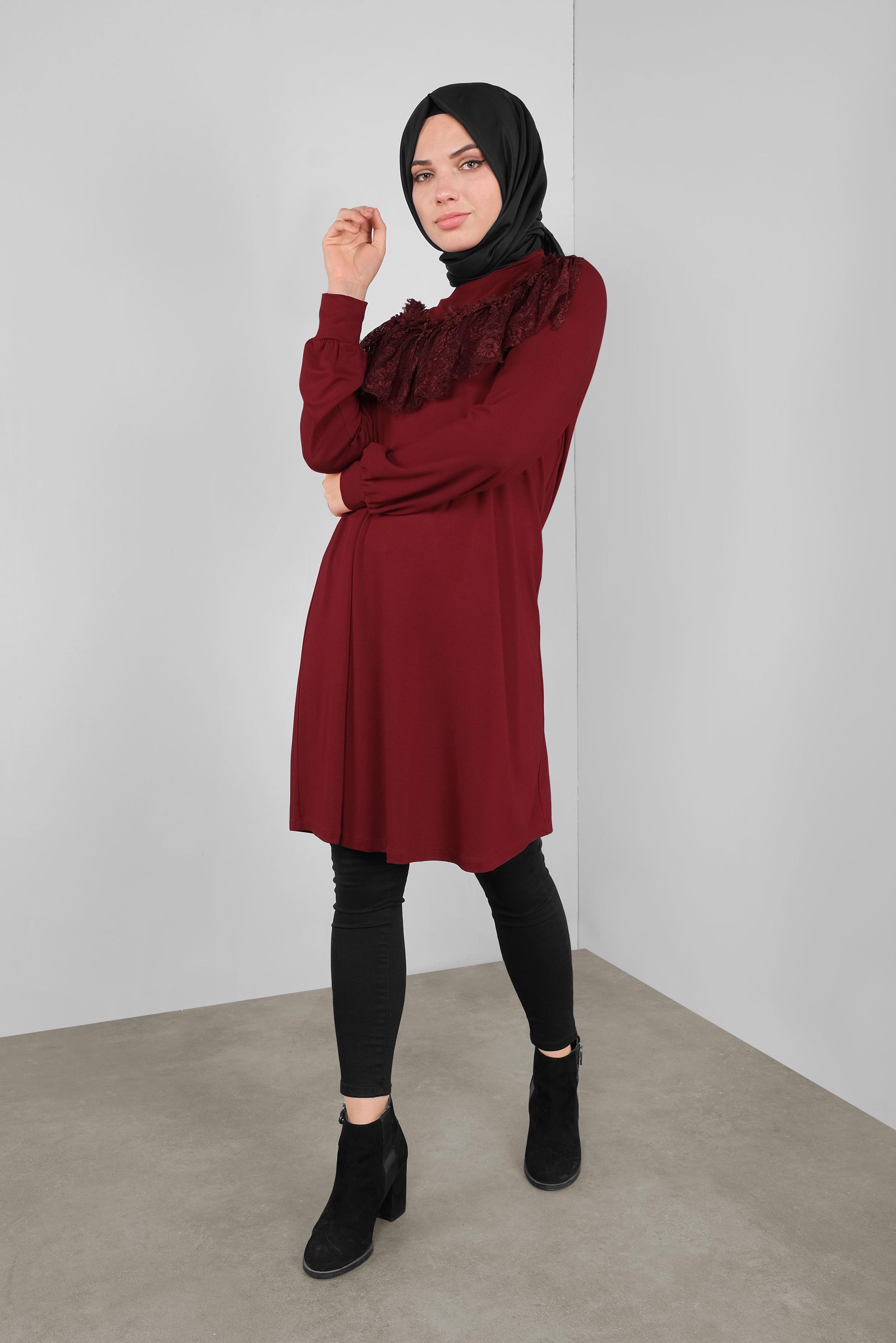 Tesettür giyim BORDO FIRFIRLI DANTELLİ TUNİK 41213
