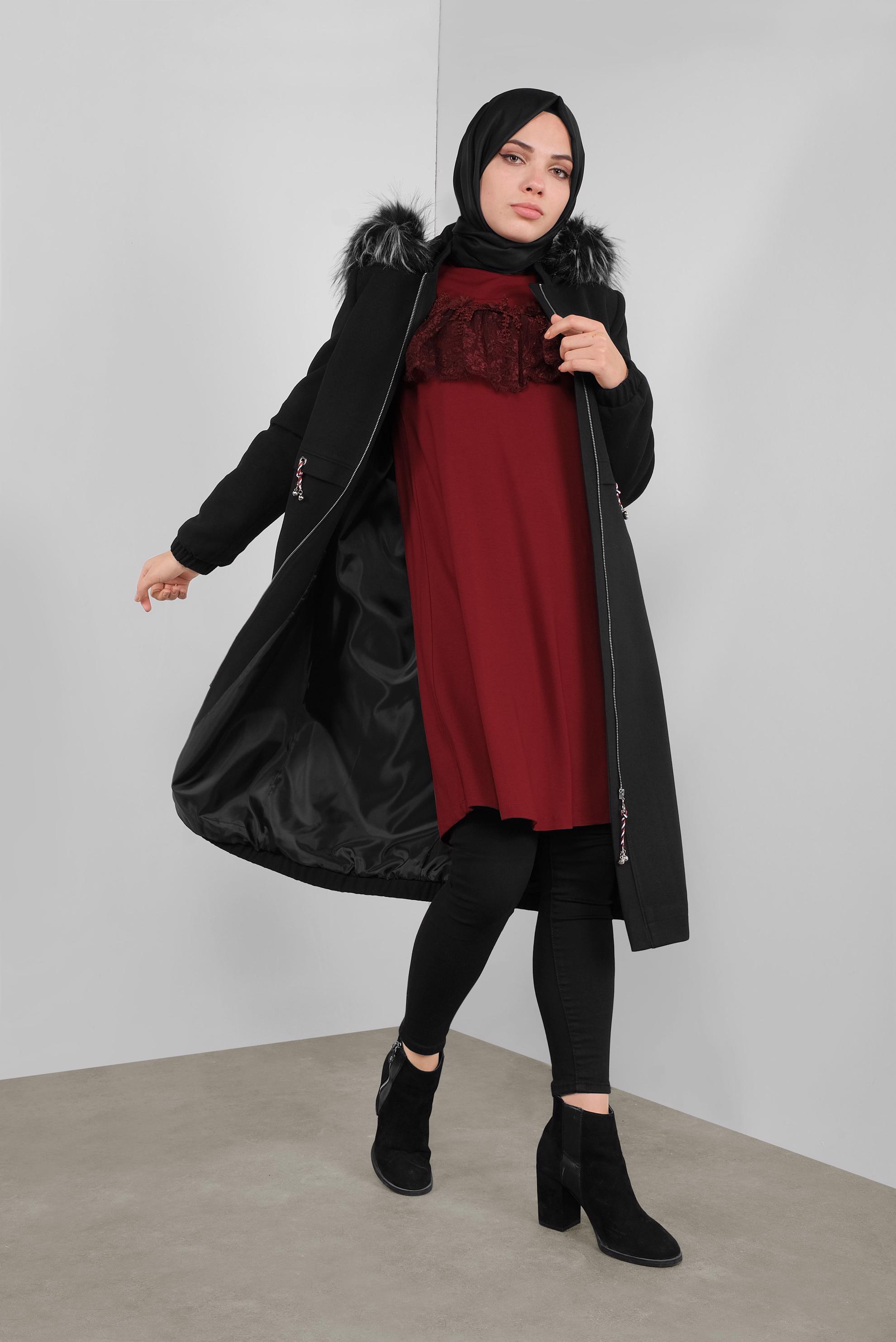 Tesettür giyim BORDO FIRFIRLI DANTELLİ TUNİK 41213