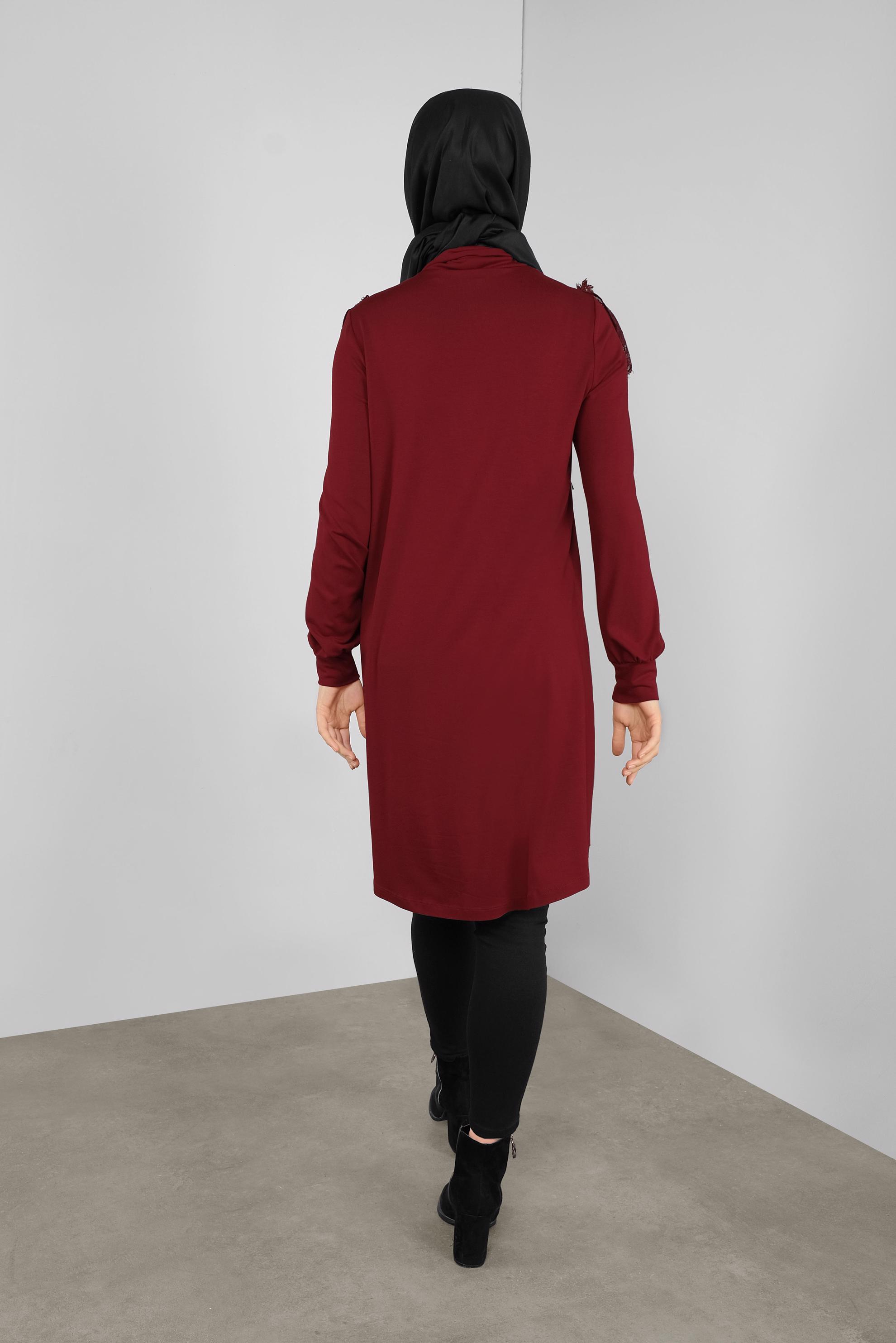 Tesettür giyim BORDO FIRFIRLI DANTELLİ TUNİK 41213