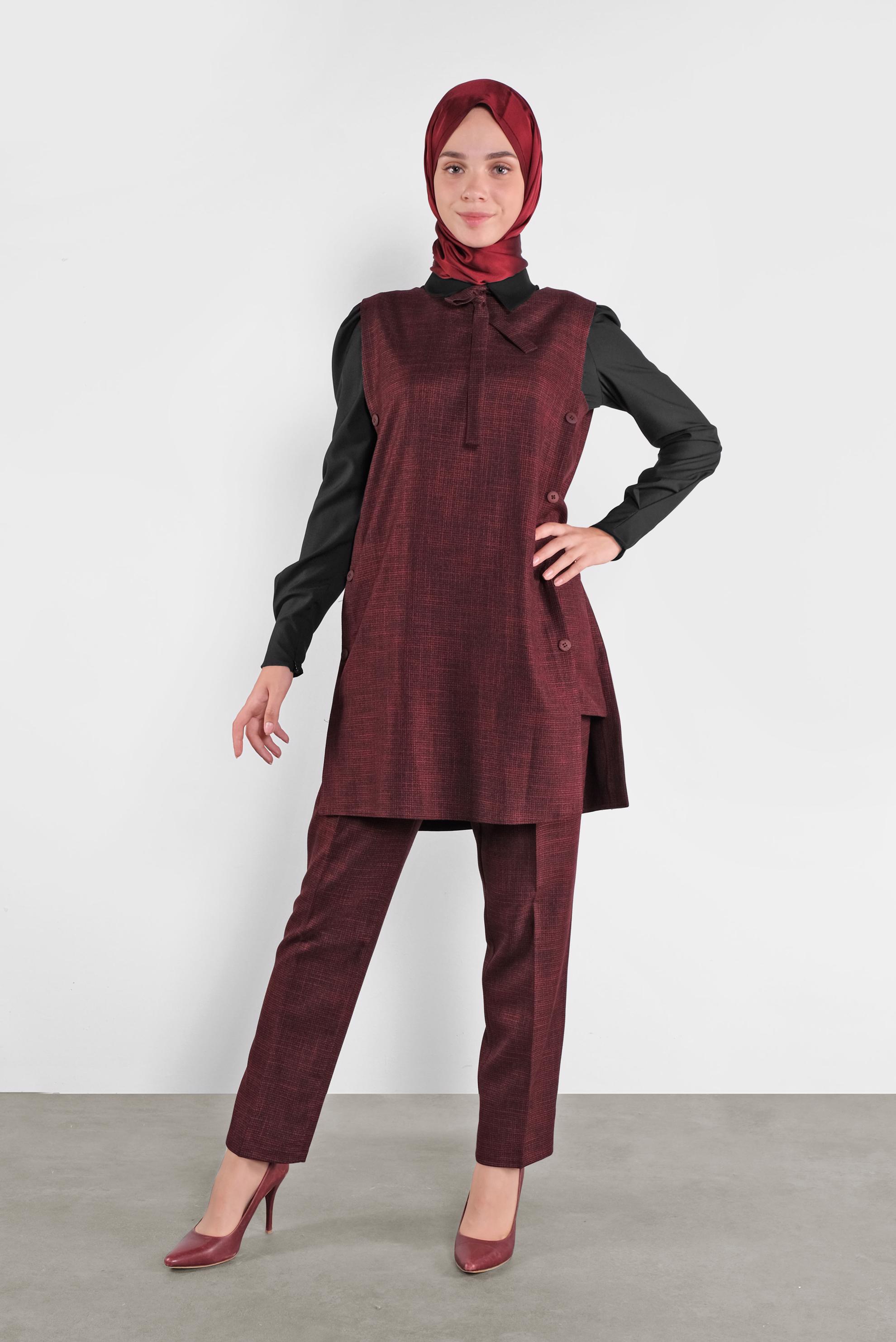 Tesettür giyim SİYAH YIRTMACI DÜĞMELİ ÜÇLÜ PANTOLONLU TAKIM 41221 
