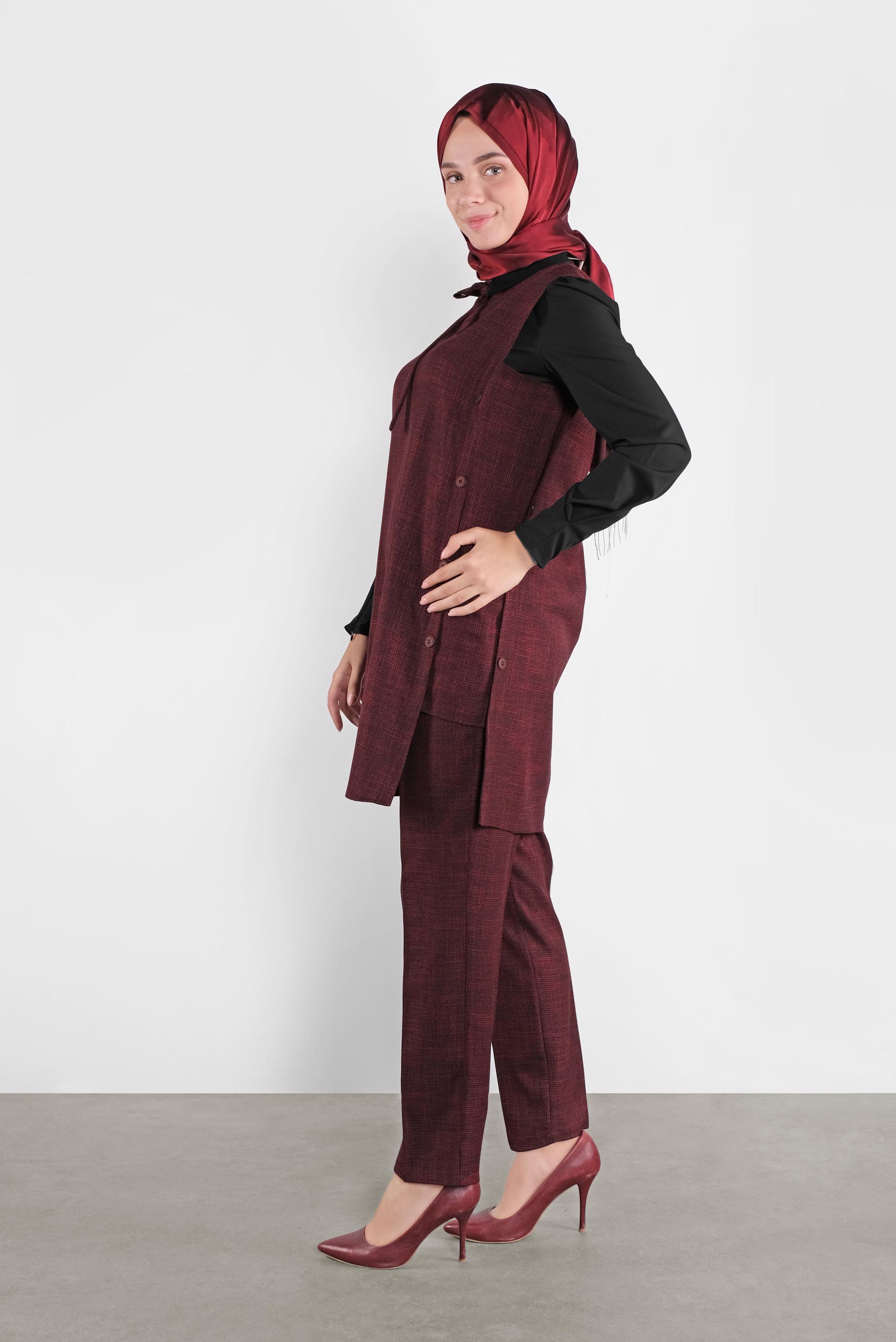 Tesettür giyim SİYAH YIRTMACI DÜĞMELİ ÜÇLÜ PANTOLONLU TAKIM 41221 