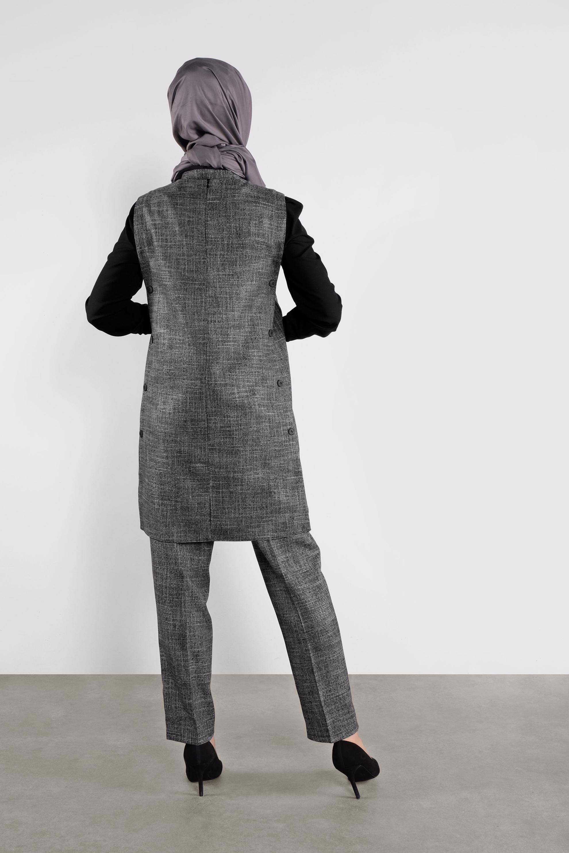 Tesettür giyim SİYAH YIRTMACI DÜĞMELİ ÜÇLÜ PANTOLONLU TAKIM 41221 