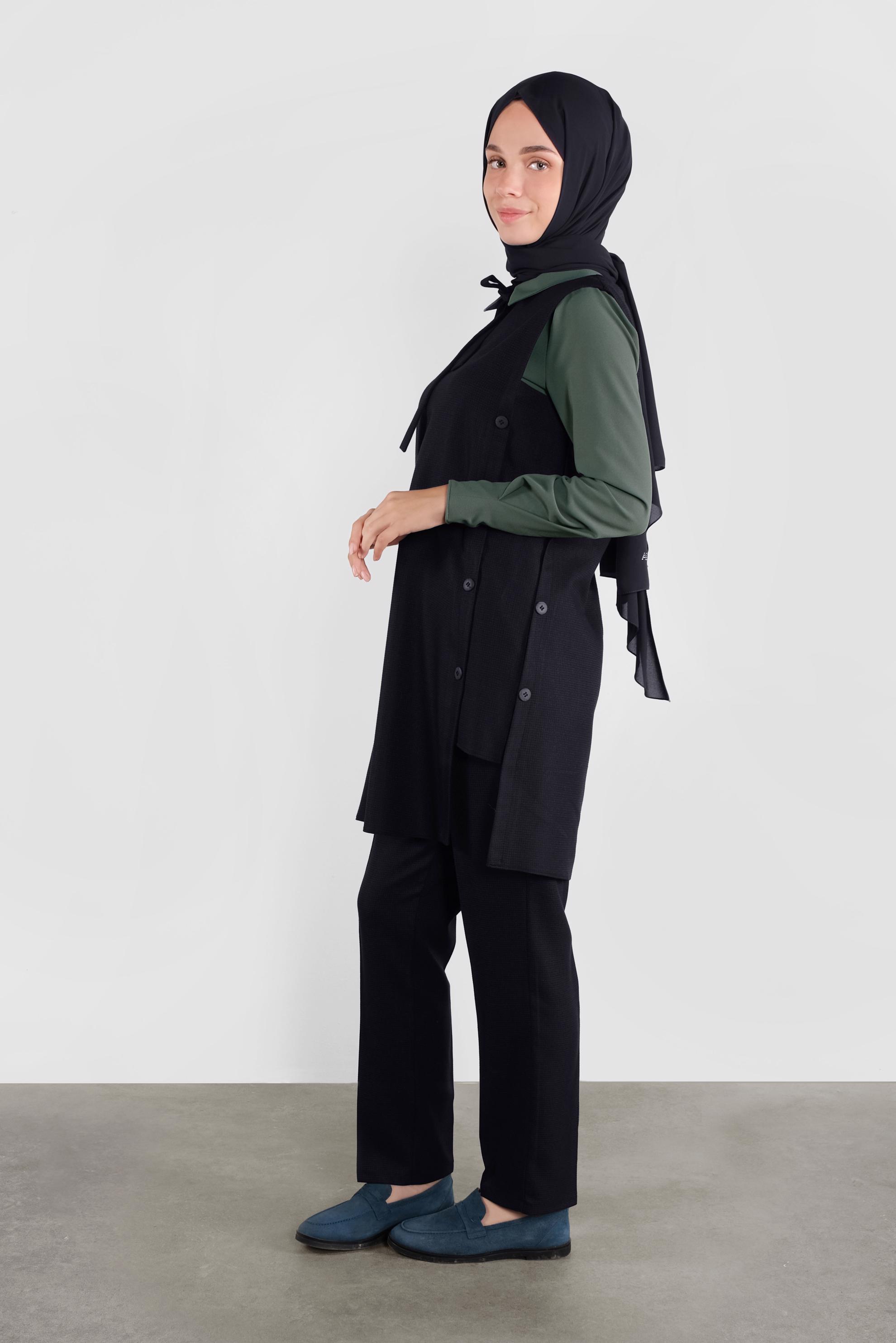 Tesettür giyim LACİVERT YIRTMACI DÜĞMELİ ÜÇLÜ PANTOLONLU TAKIM 41221 
