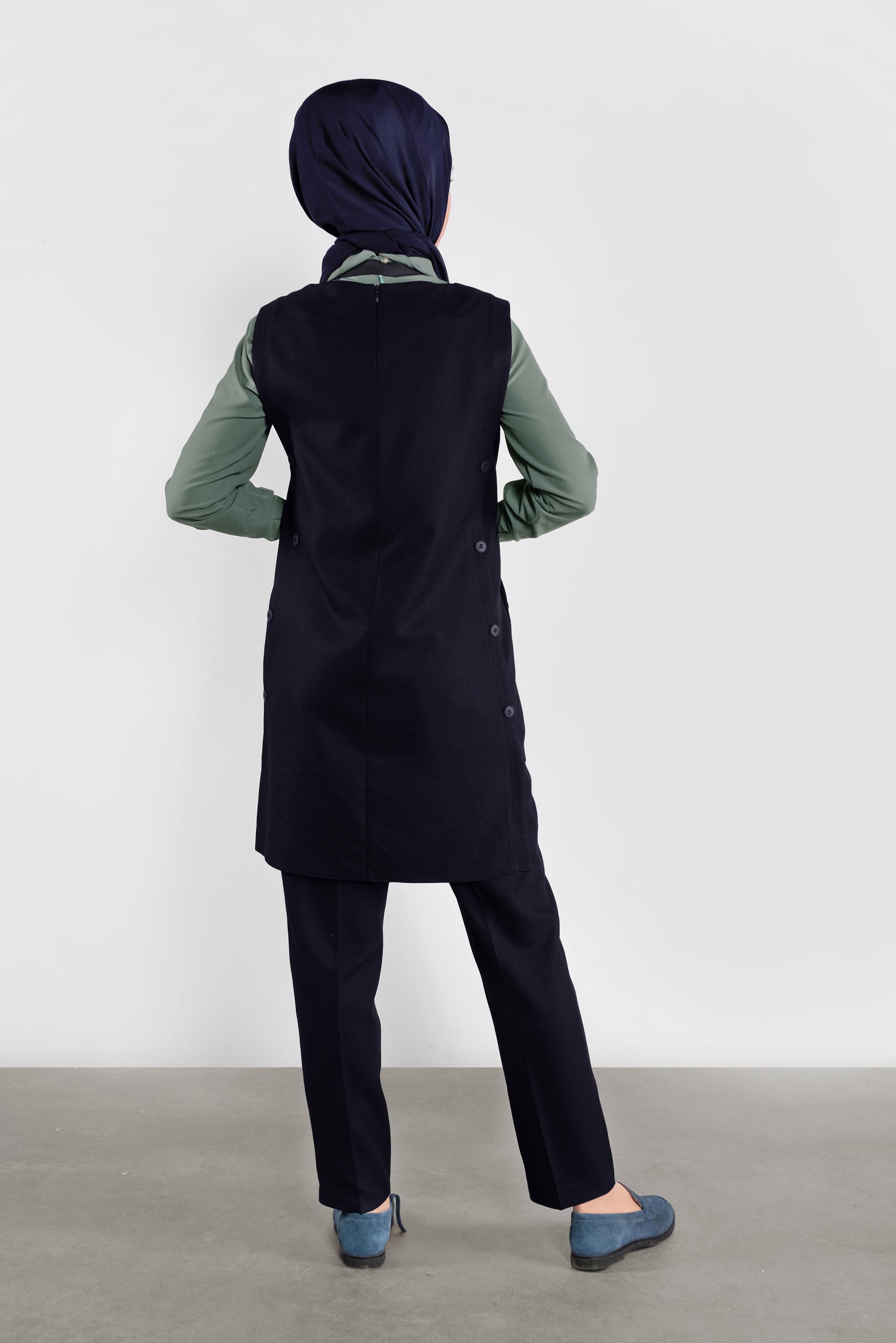 Tesettür giyim LACİVERT YIRTMACI DÜĞMELİ ÜÇLÜ PANTOLONLU TAKIM 41221 