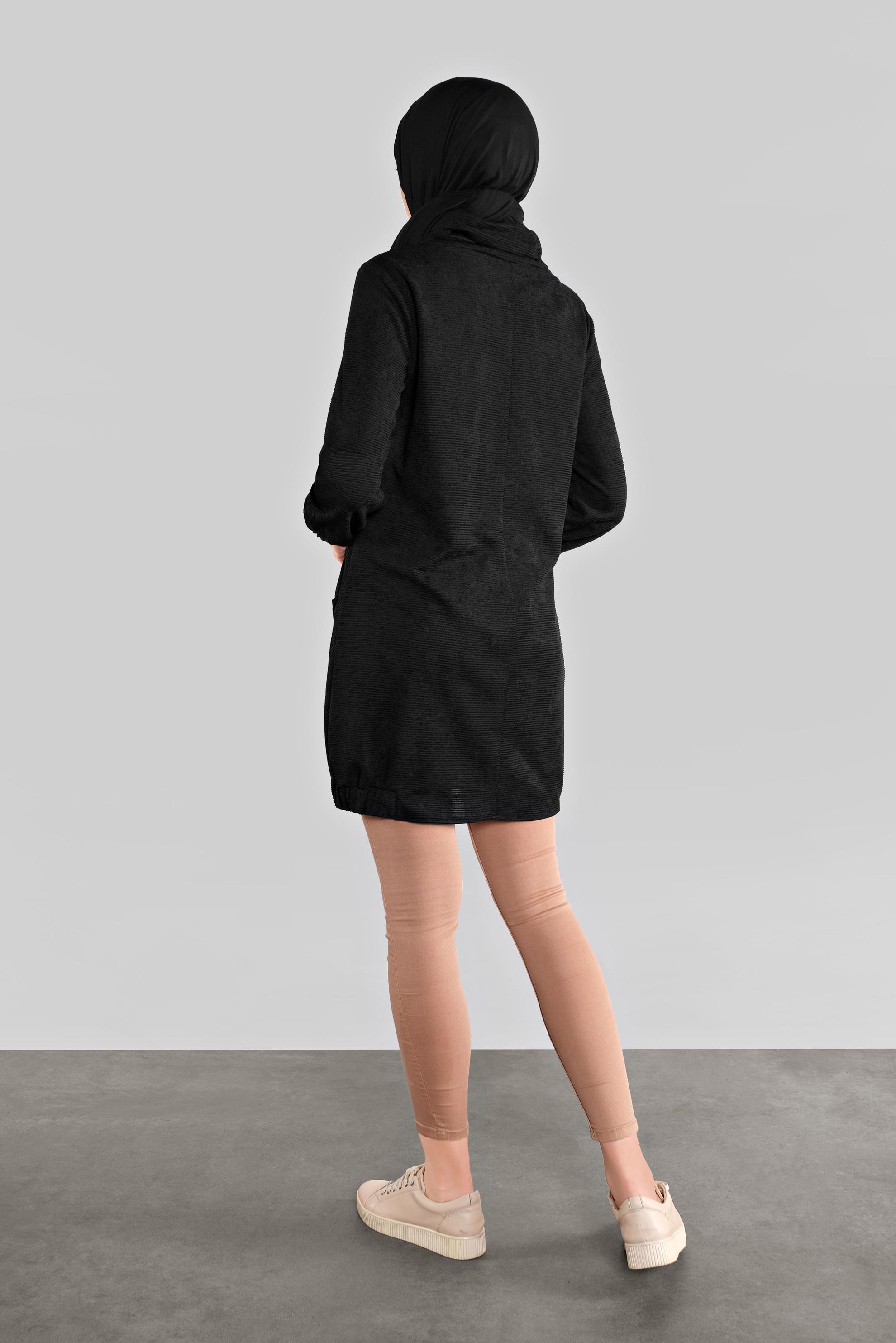 Tesettür giyim SİYAH BOĞAZLI YAKASI BAĞCIKLI KADİFE TUNİK 41226 