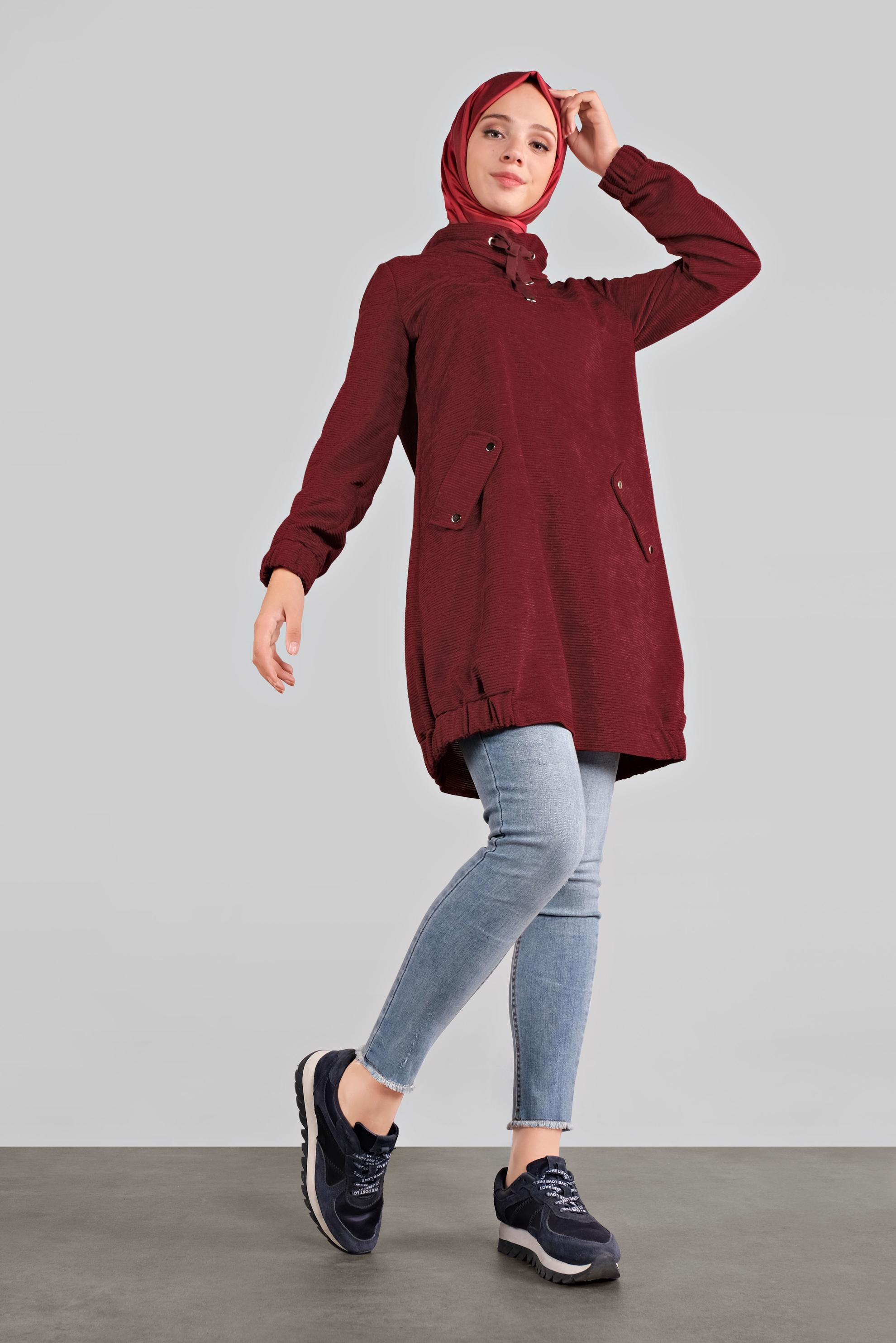 Tesettür giyim BORDO BOĞAZLI YAKASI BAĞCIKLI KADİFE TUNİK 41226 