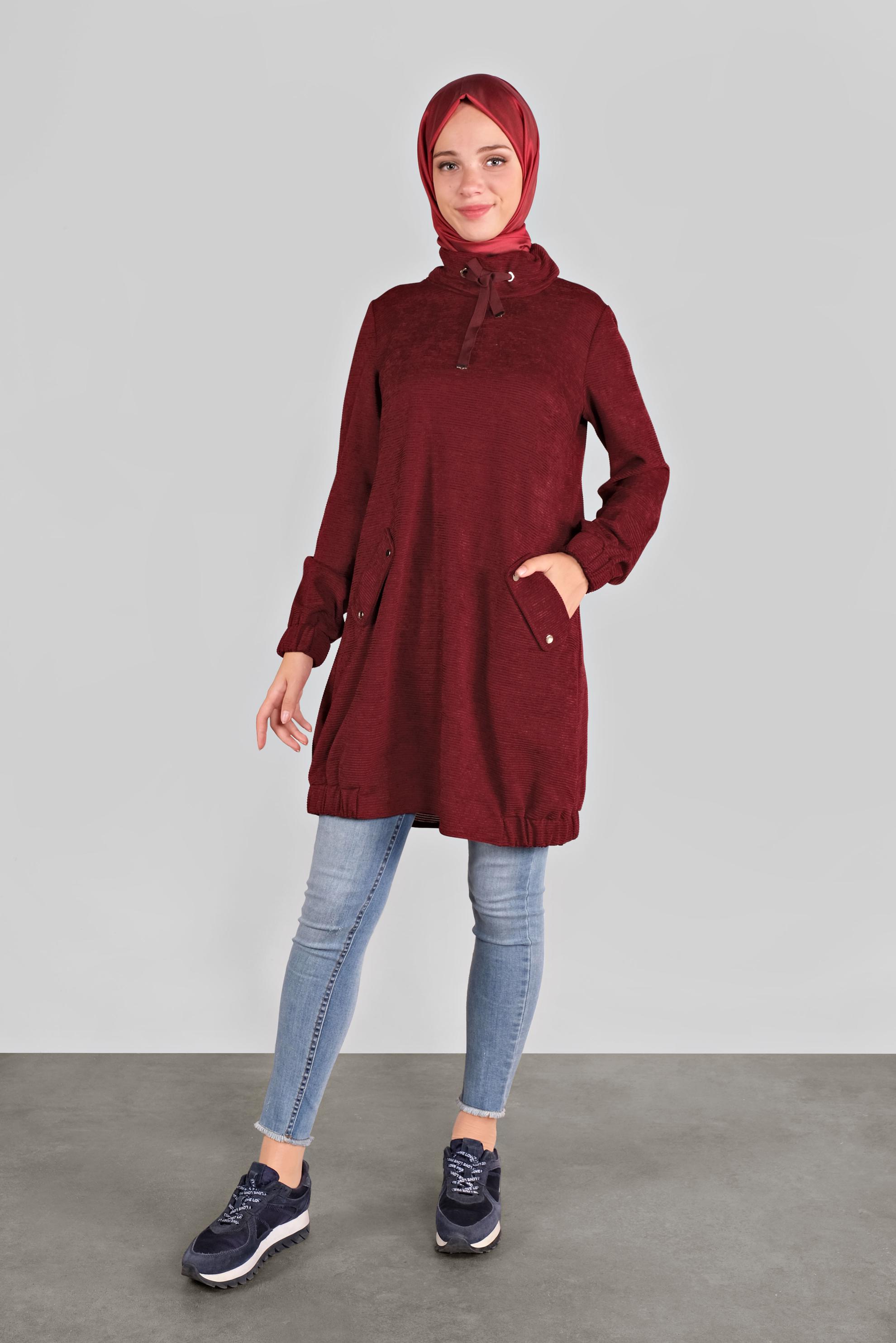 Tesettür giyim BORDO BOĞAZLI YAKASI BAĞCIKLI KADİFE TUNİK 41226 