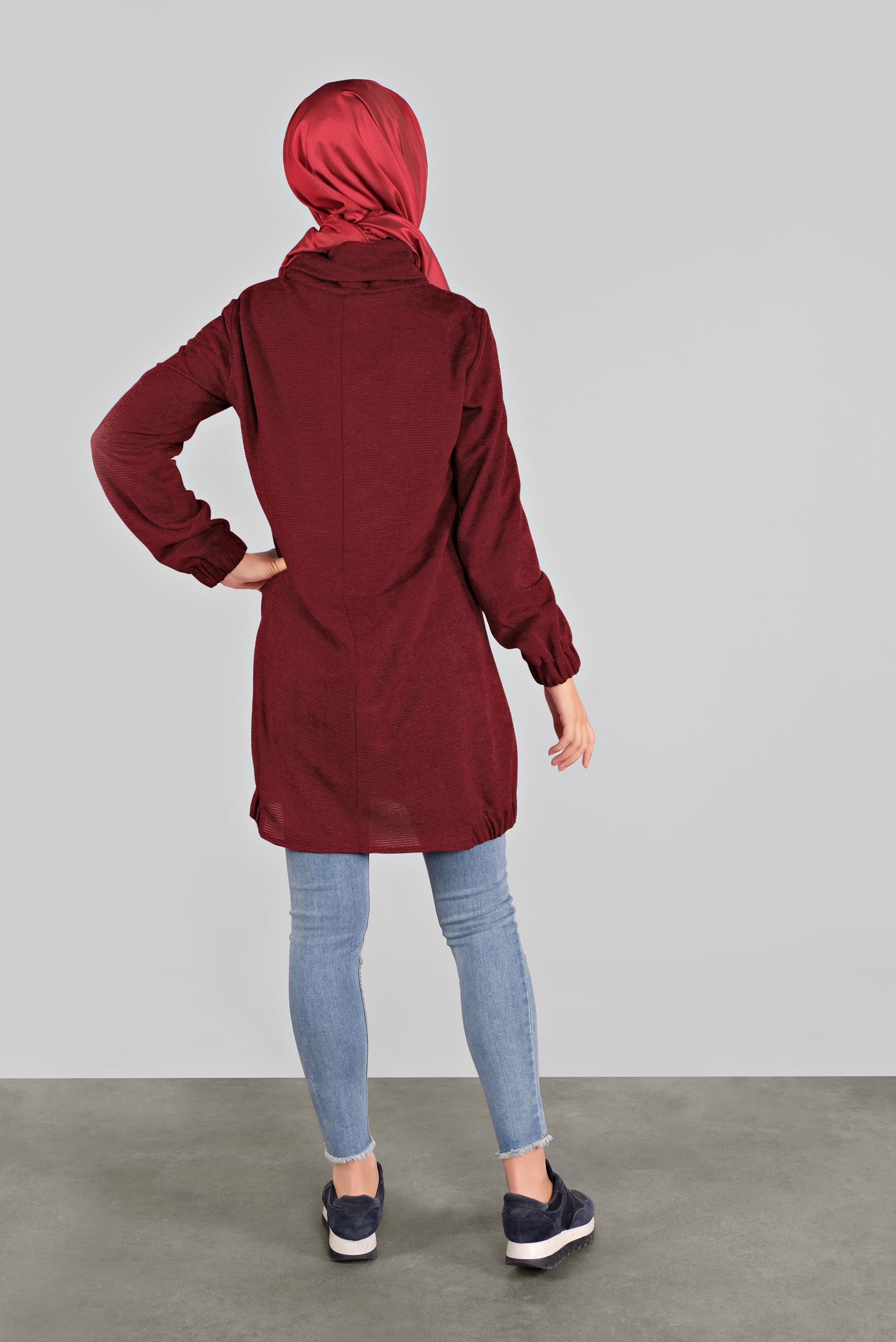 Tesettür giyim BORDO BOĞAZLI YAKASI BAĞCIKLI KADİFE TUNİK 41226 