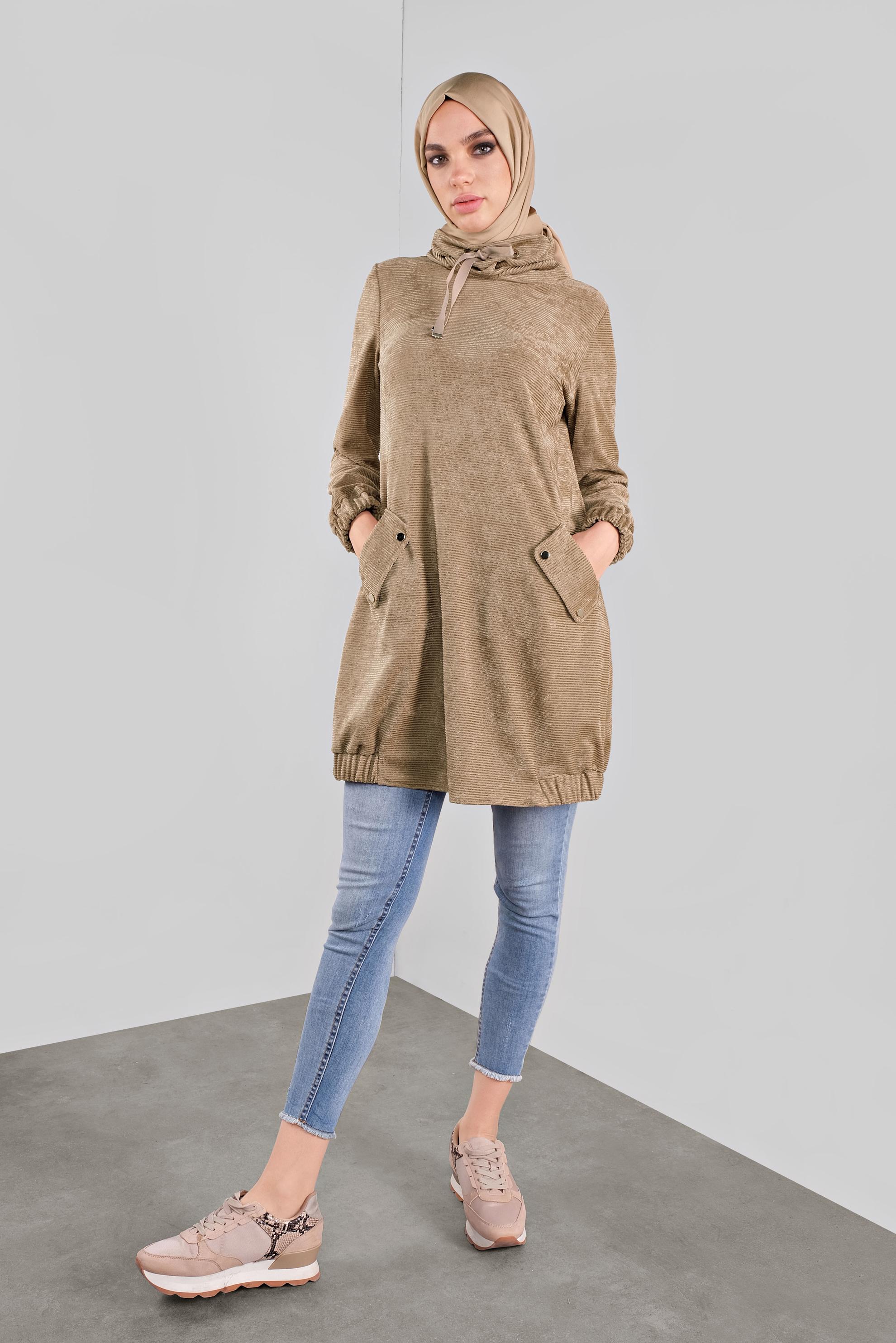 Tesettür giyim KAHVE BOĞAZLI YAKASI BAĞCIKLI KADİFE TUNİK 41226 