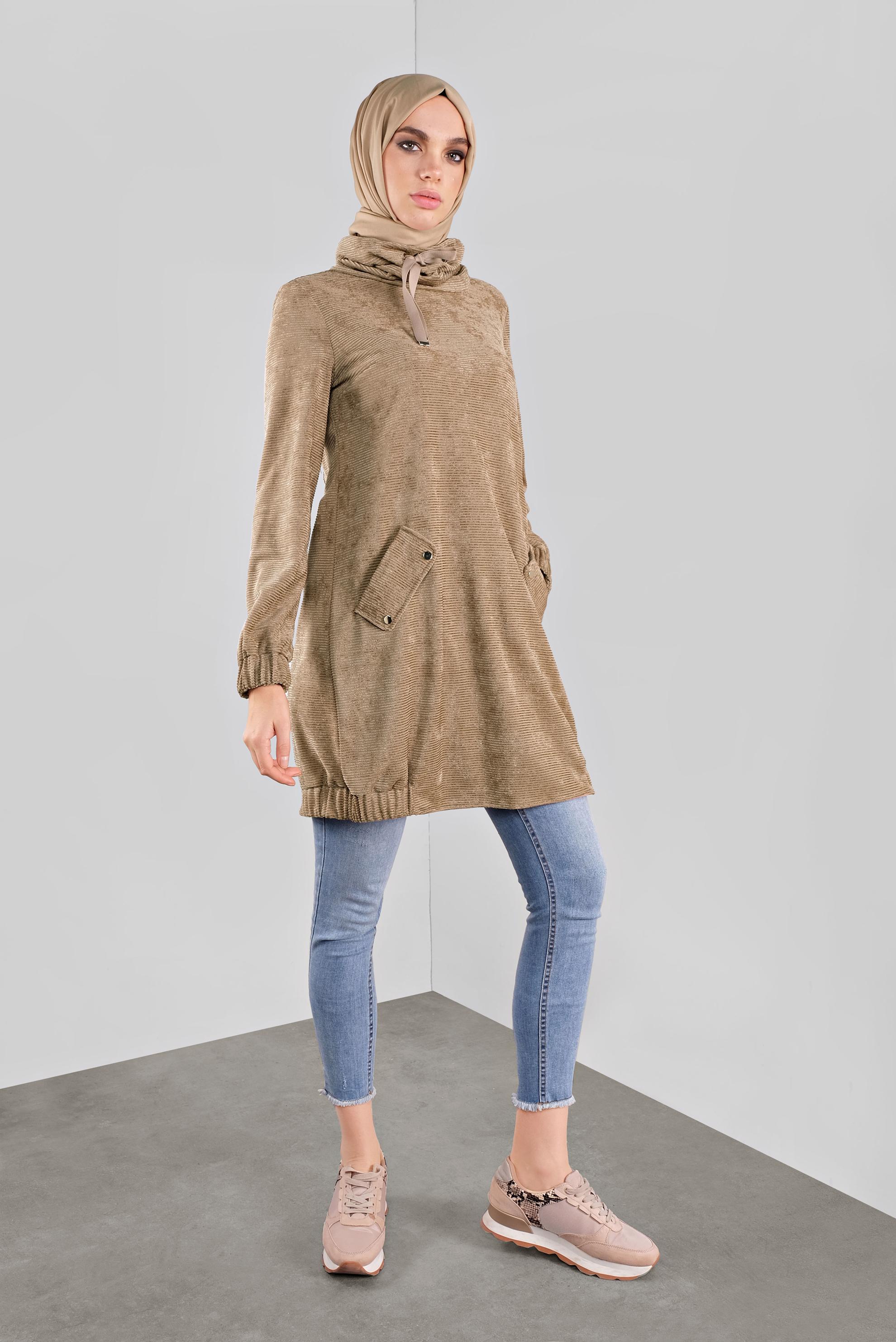 Tesettür giyim KAHVE BOĞAZLI YAKASI BAĞCIKLI KADİFE TUNİK 41226 