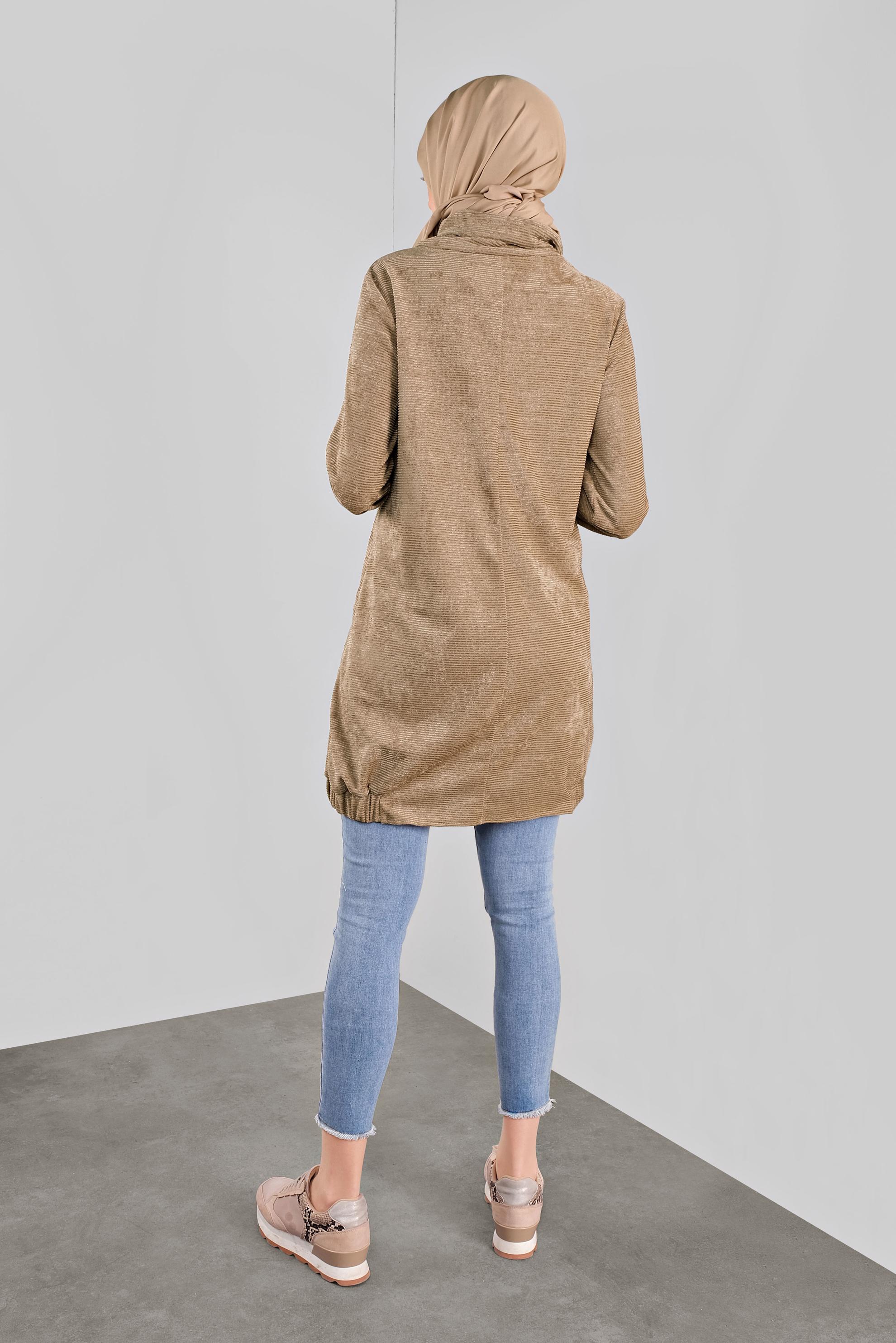 Tesettür giyim KAHVE BOĞAZLI YAKASI BAĞCIKLI KADİFE TUNİK 41226 