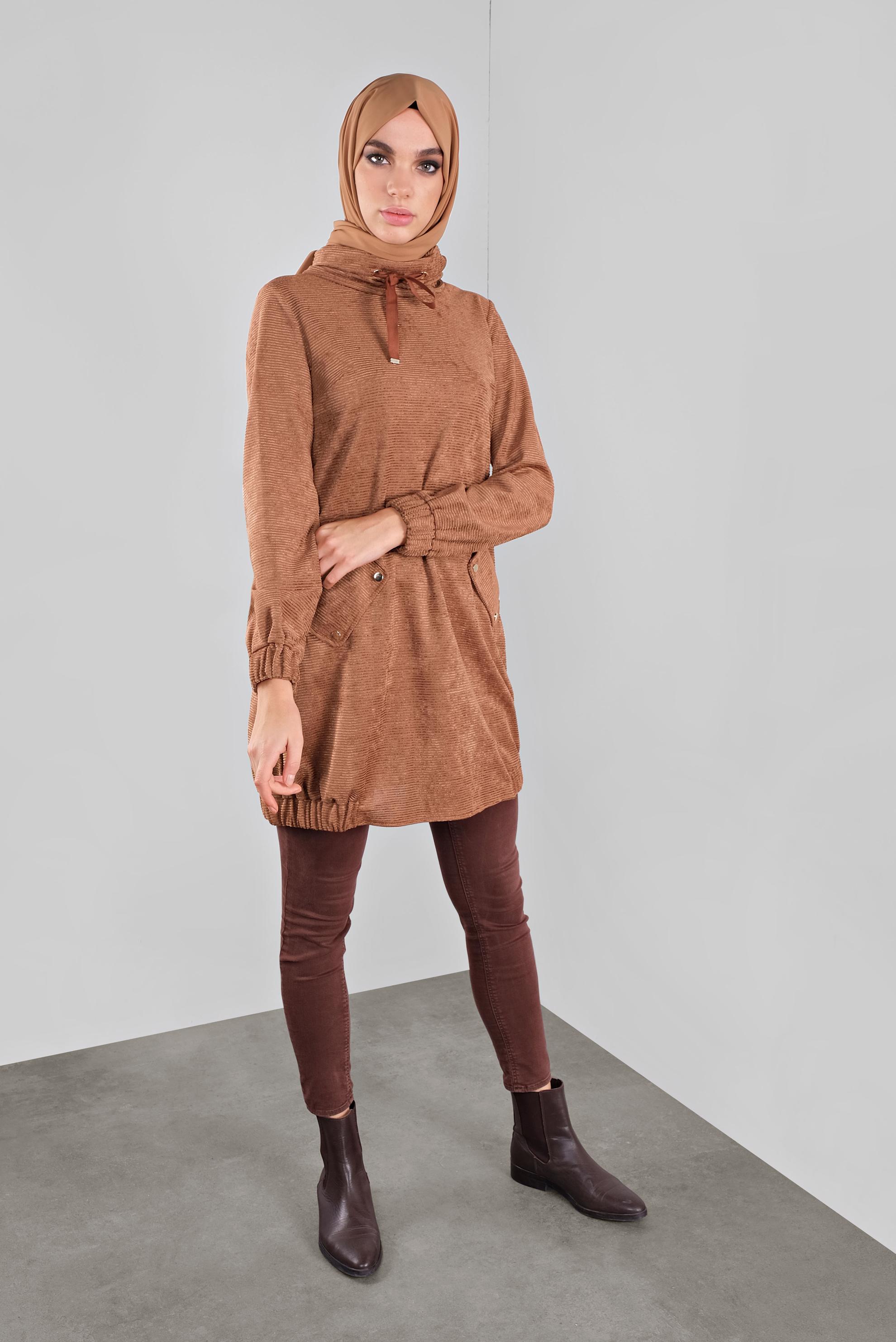 Tesettür giyim TURUNCU BOĞAZLI YAKASI BAĞCIKLI KADİFE TUNİK 41226 