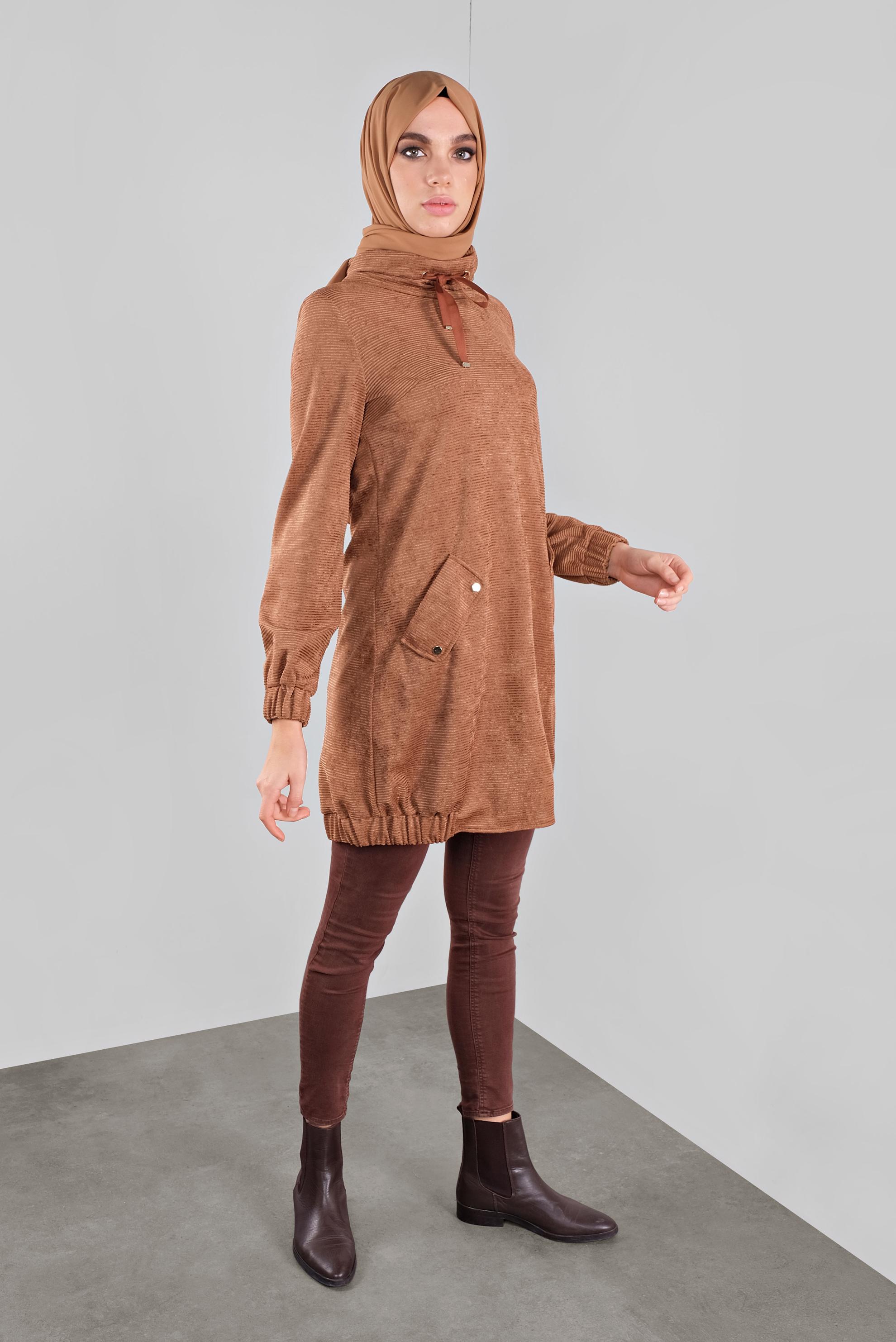 Tesettür giyim TURUNCU BOĞAZLI YAKASI BAĞCIKLI KADİFE TUNİK 41226 